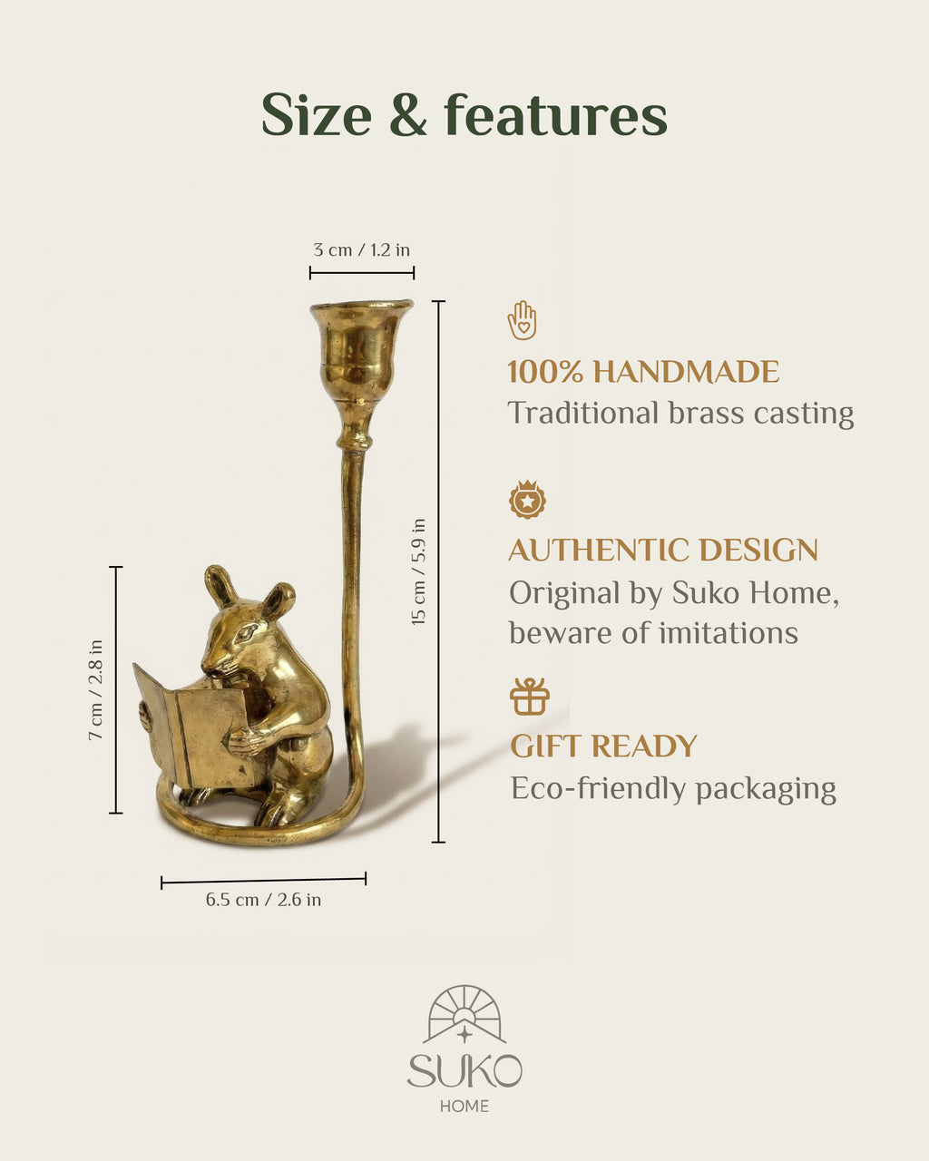 Antique Brass Mouse Candleholder, Vintage home gift