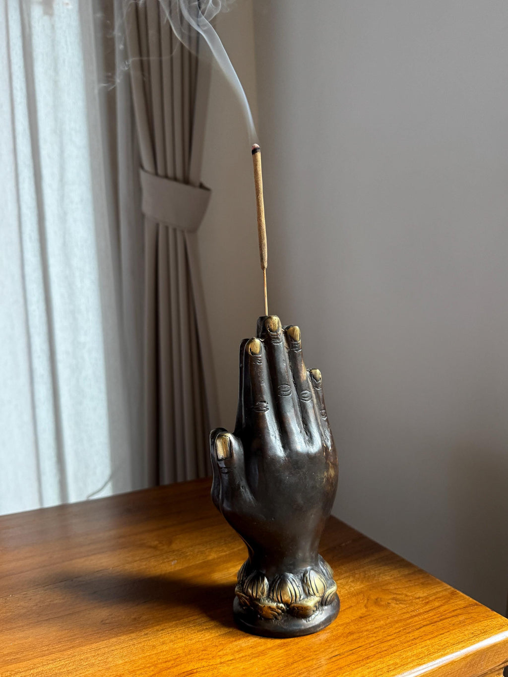 Black Brass Hand Incense Holder with Lotus Base