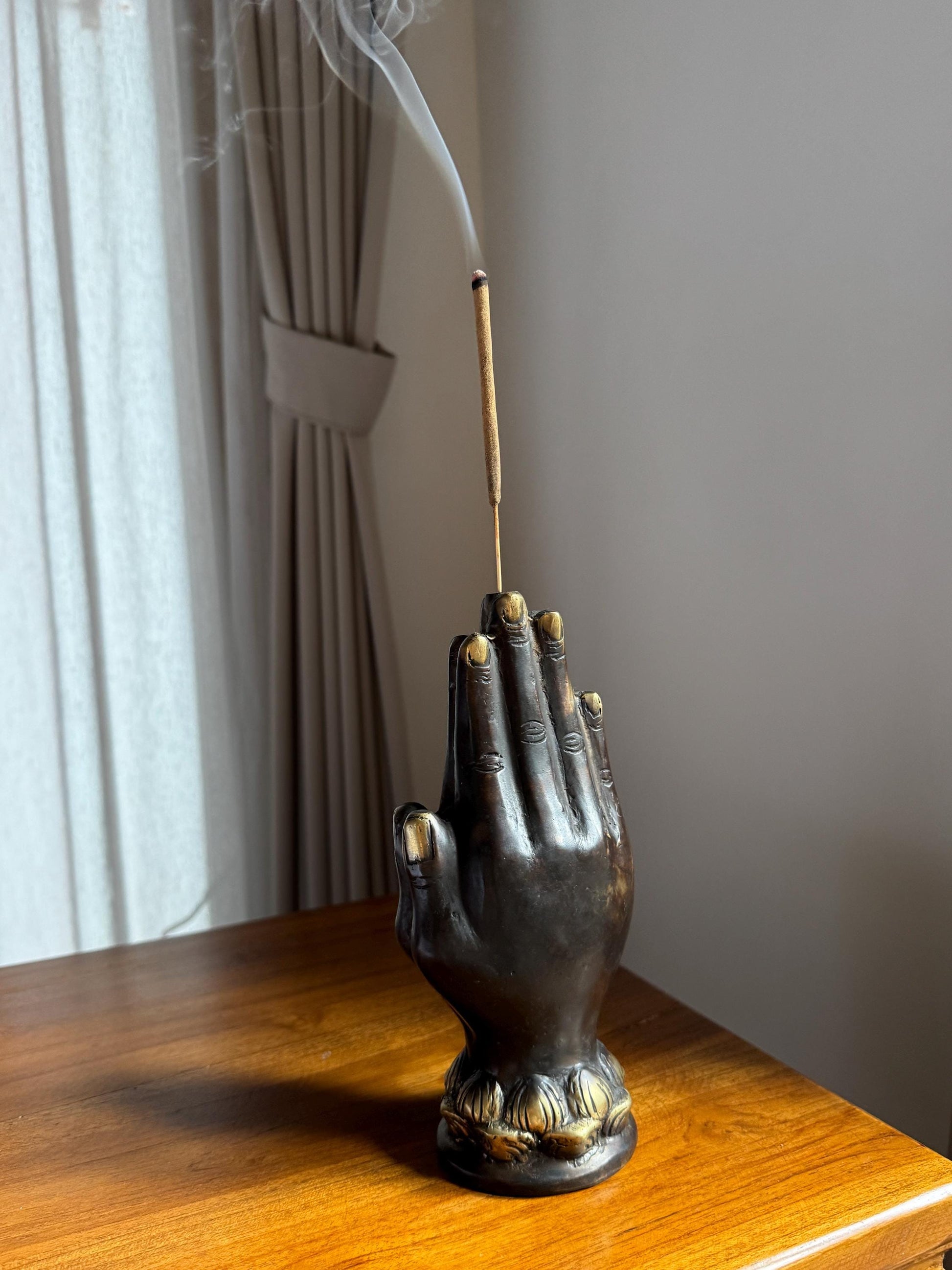 Black Brass Hand Incense Holder with Lotus Base