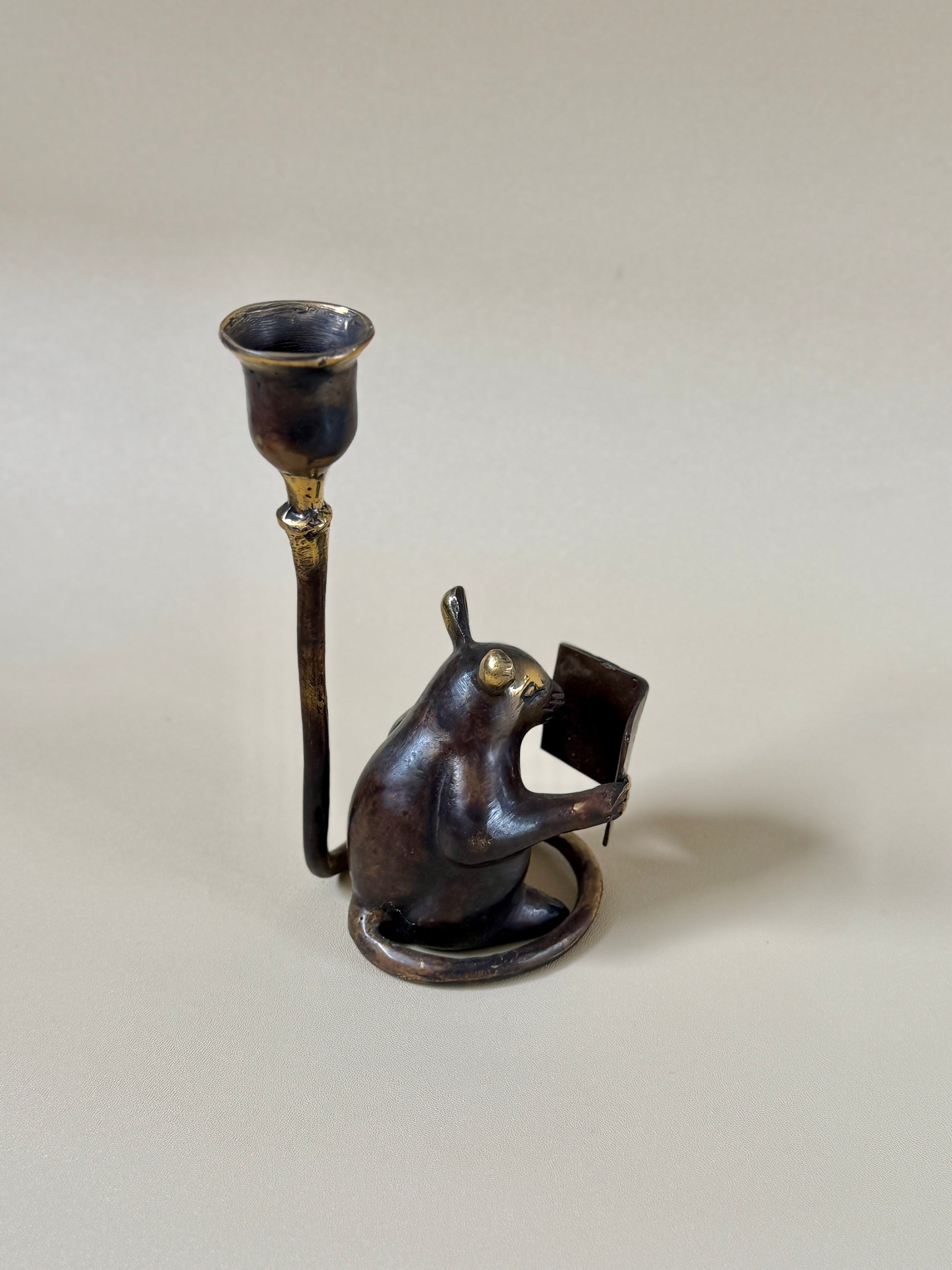 Antique Brass Mouse Candleholder, Vintage home gift