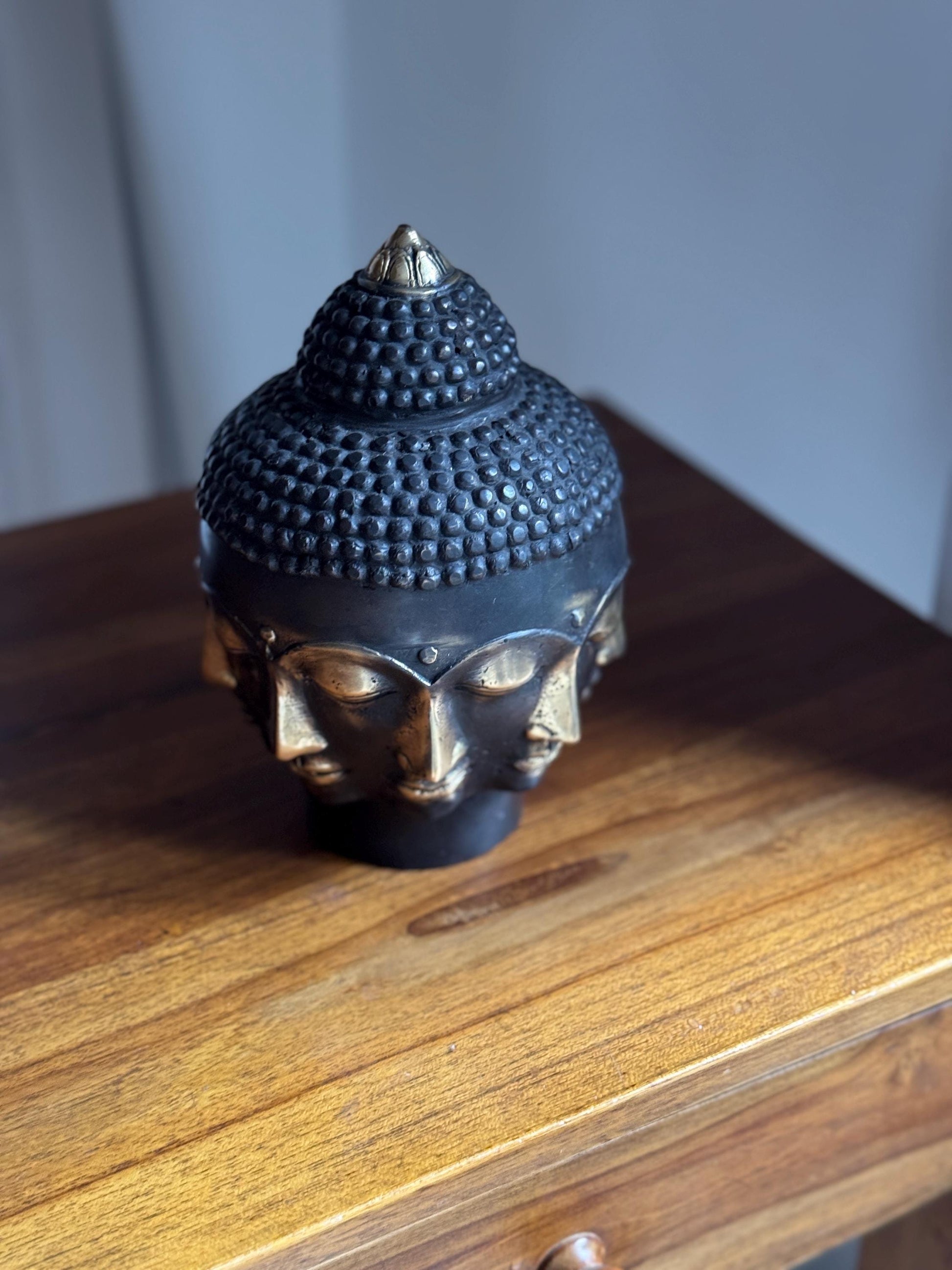 Large Antique Bronze Buddha Head Statue with Multiple Faces
