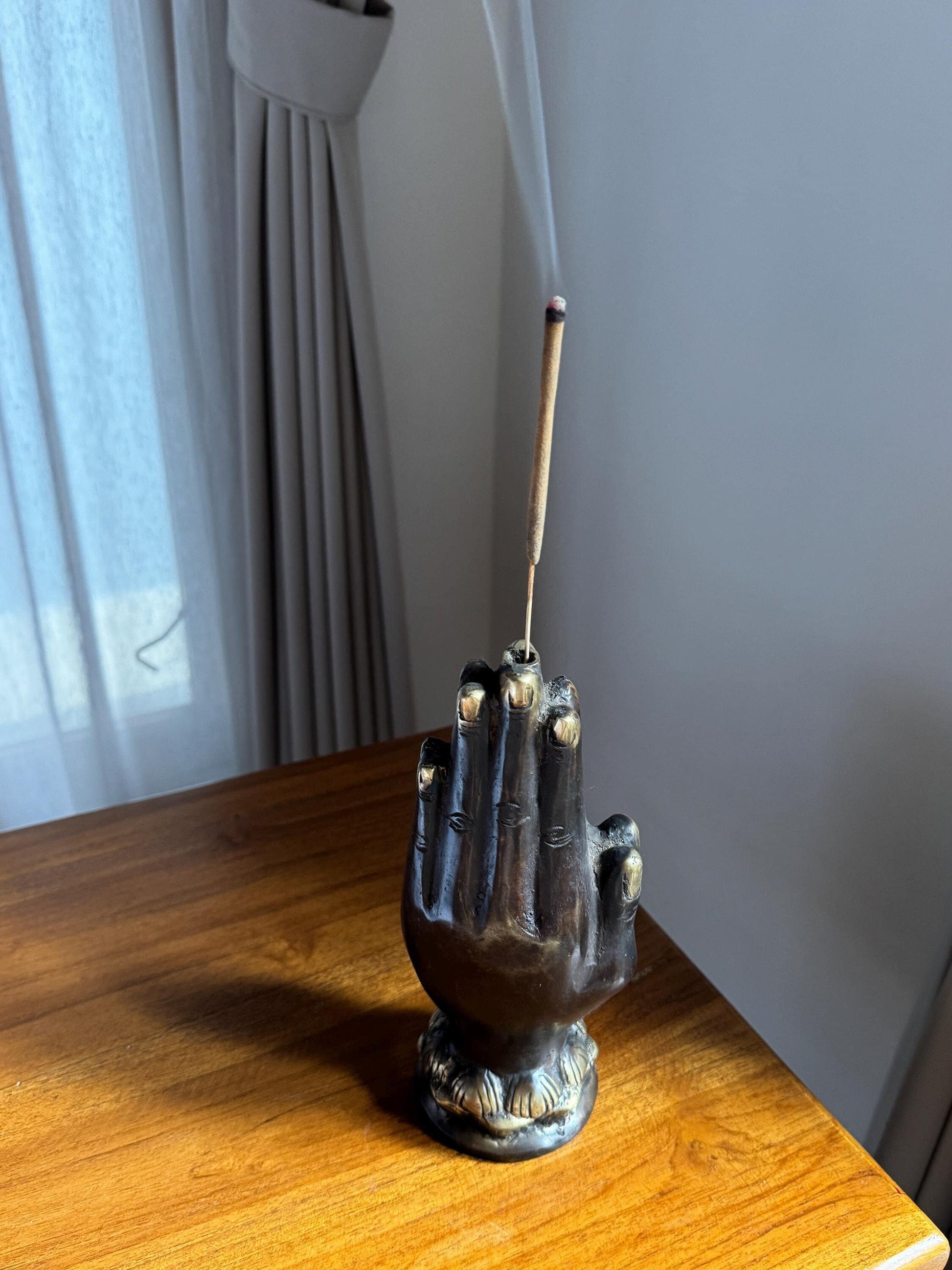 Black Brass Hand Incense Holder with Lotus Base