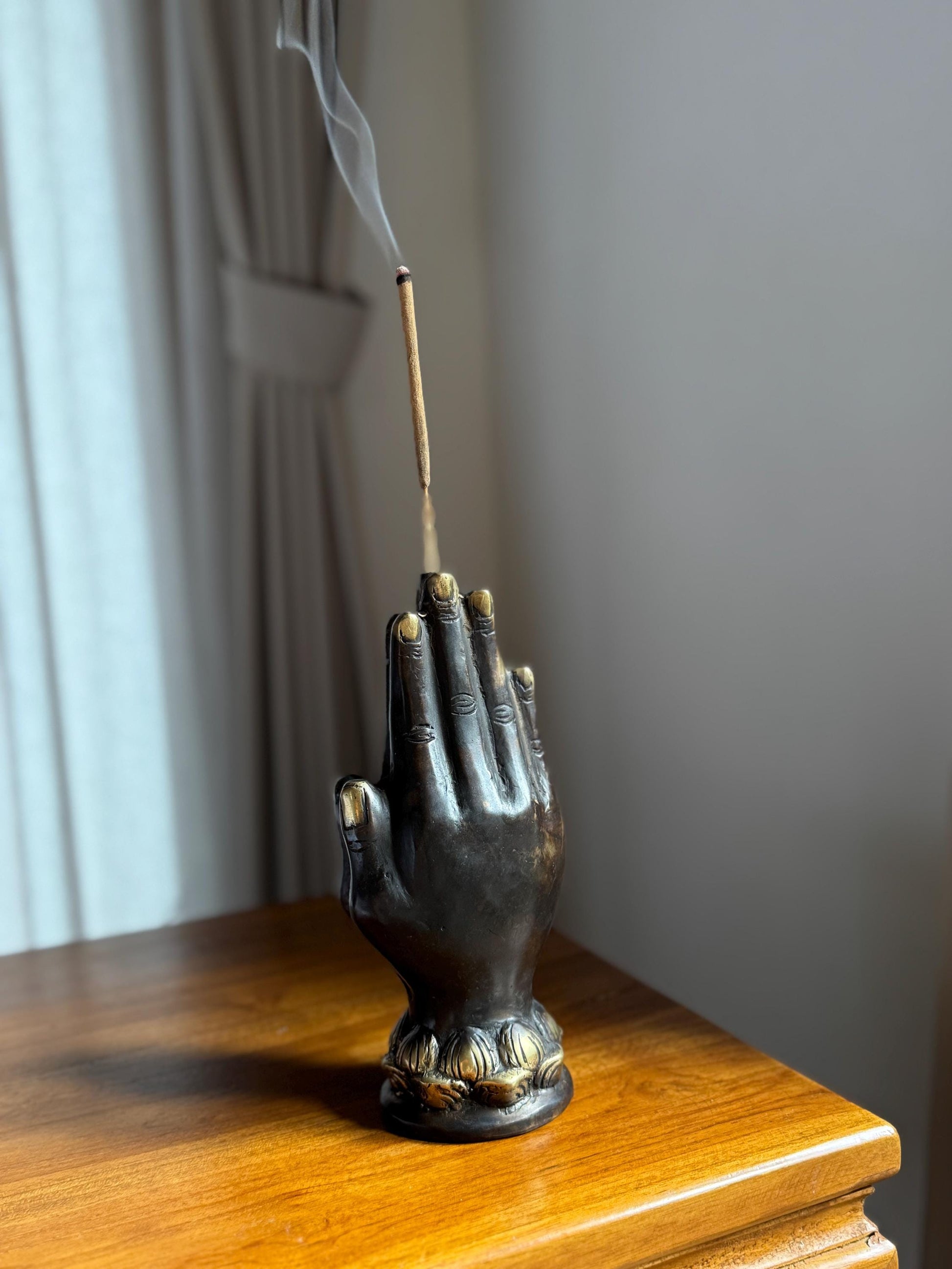 Black Brass Hand Incense Holder with Lotus Base