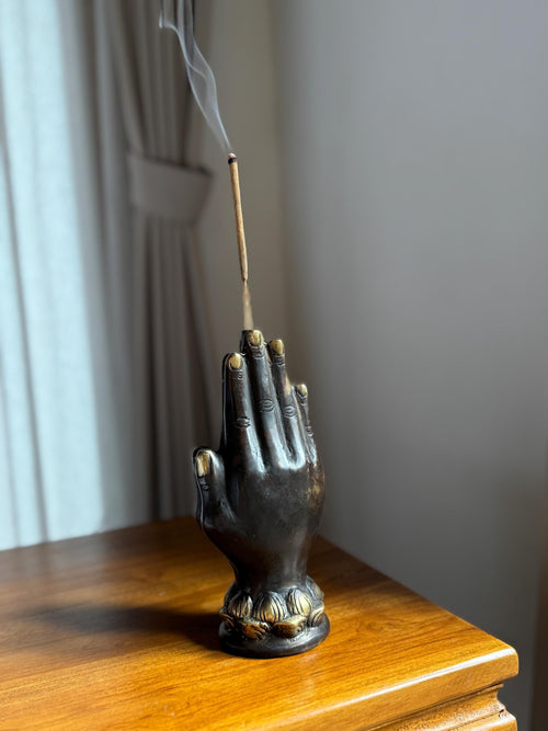 Black Brass Hand Incense Holder with Lotus Base