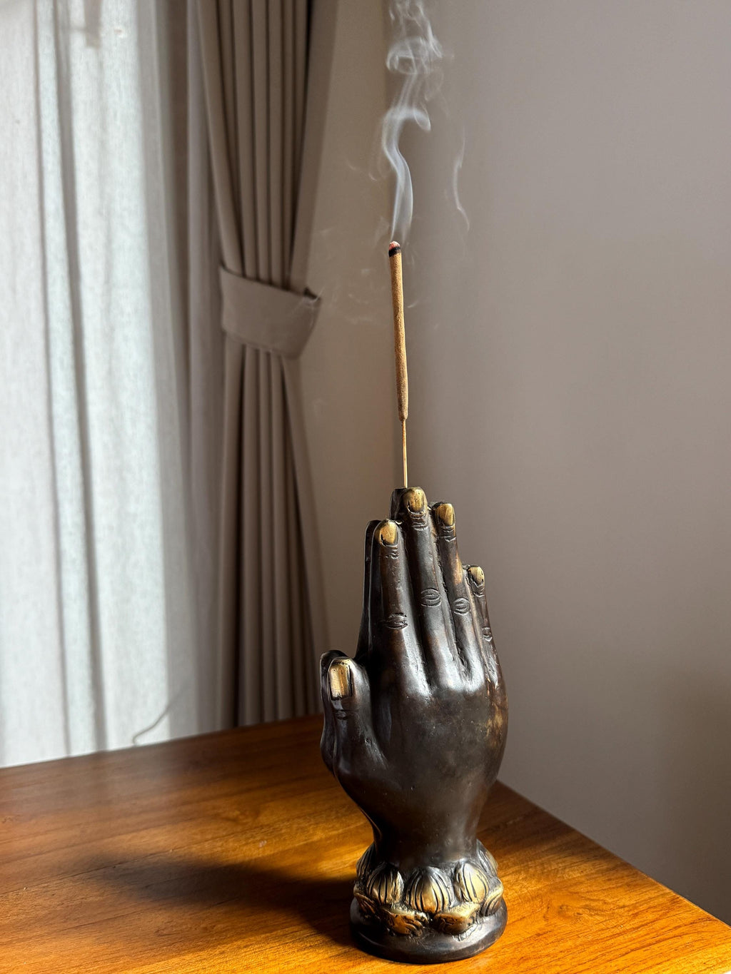 Black Brass Hand Incense Holder with Lotus Base