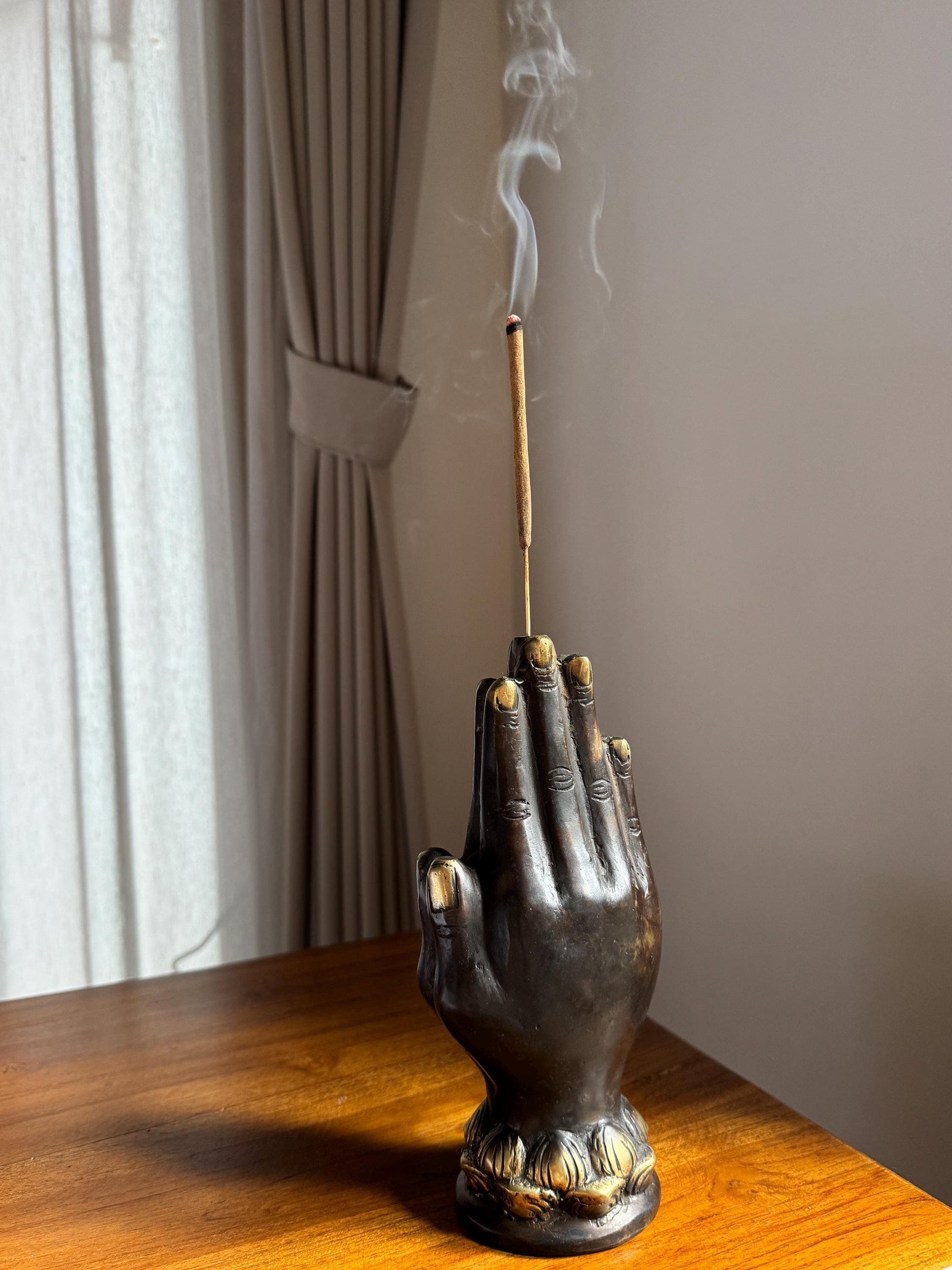 Black Brass Hand Incense Holder with Lotus Base