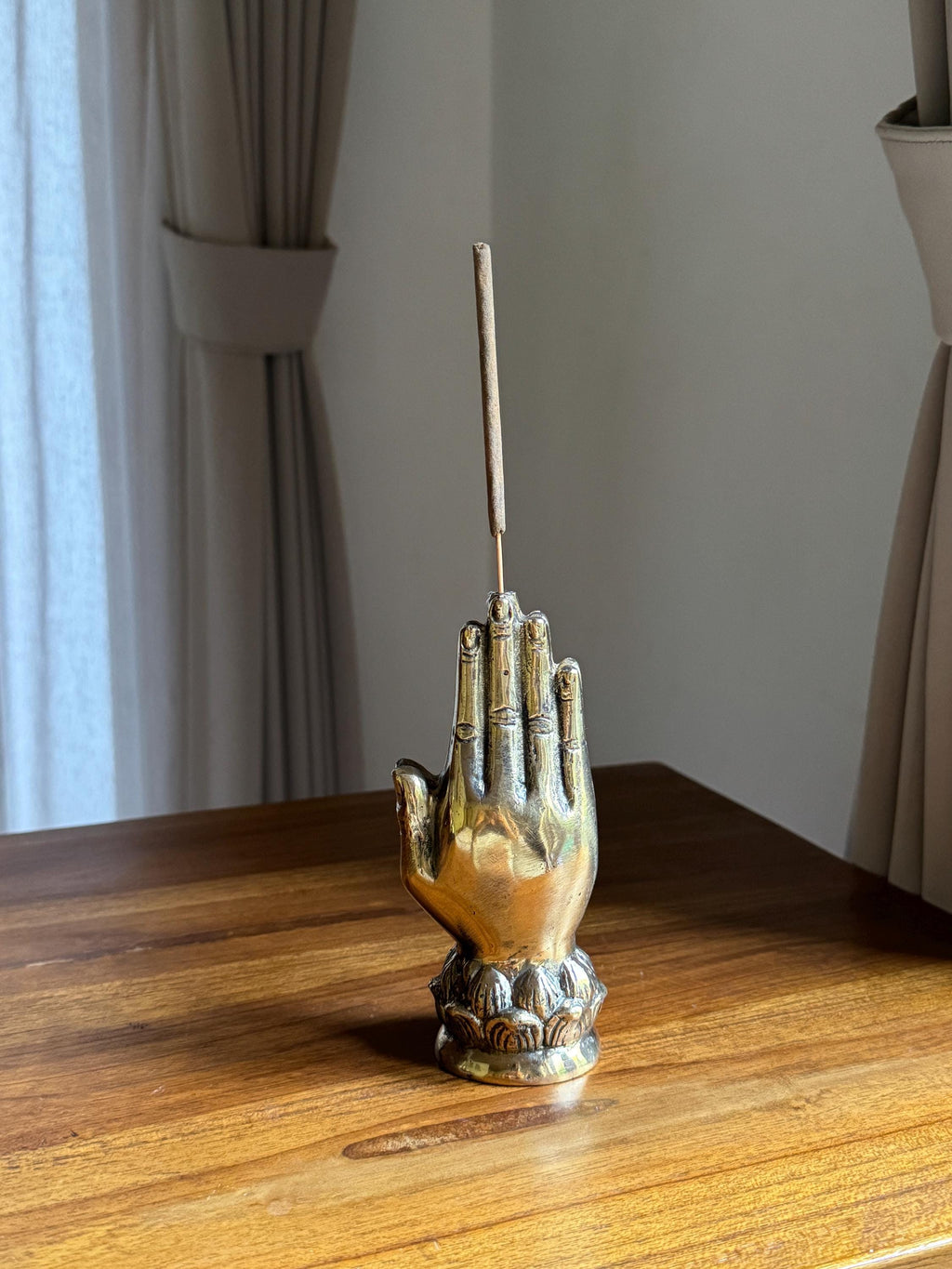 Gold Brass Hand Incense Holder with Lotus Base