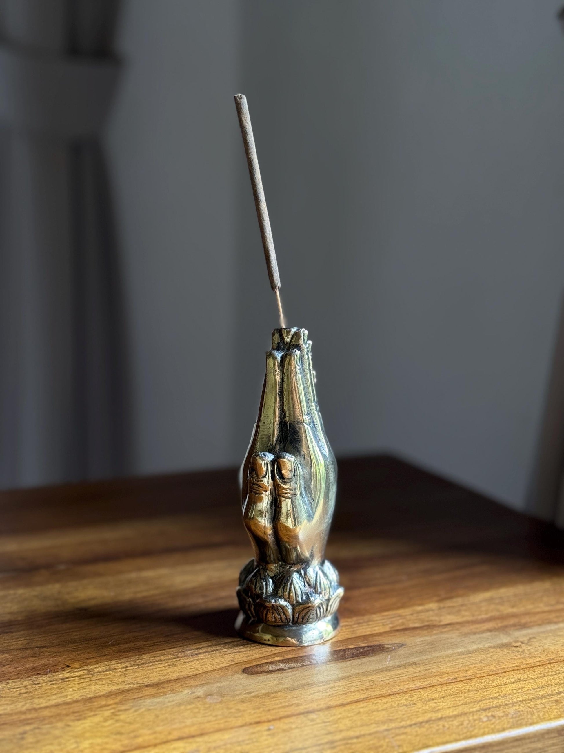Gold Brass Hand Incense Holder with Lotus Base