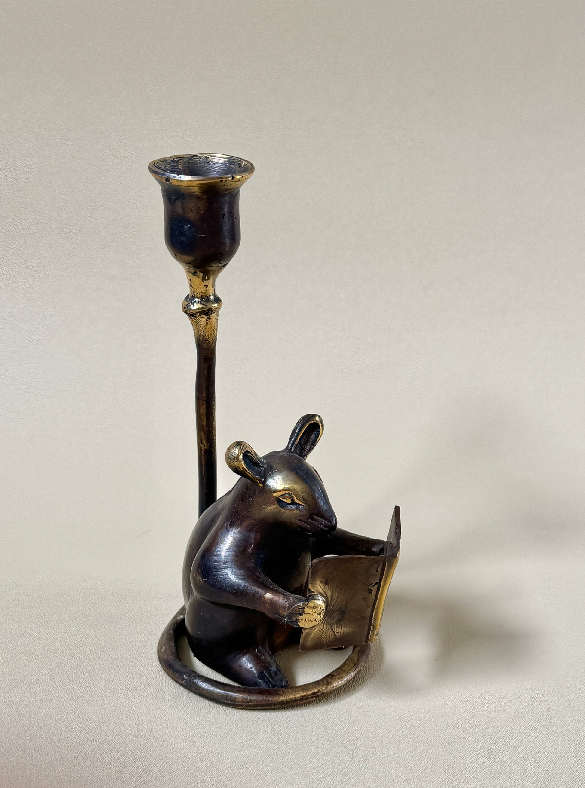 Antique Brass Mouse Candleholder, Vintage home gift