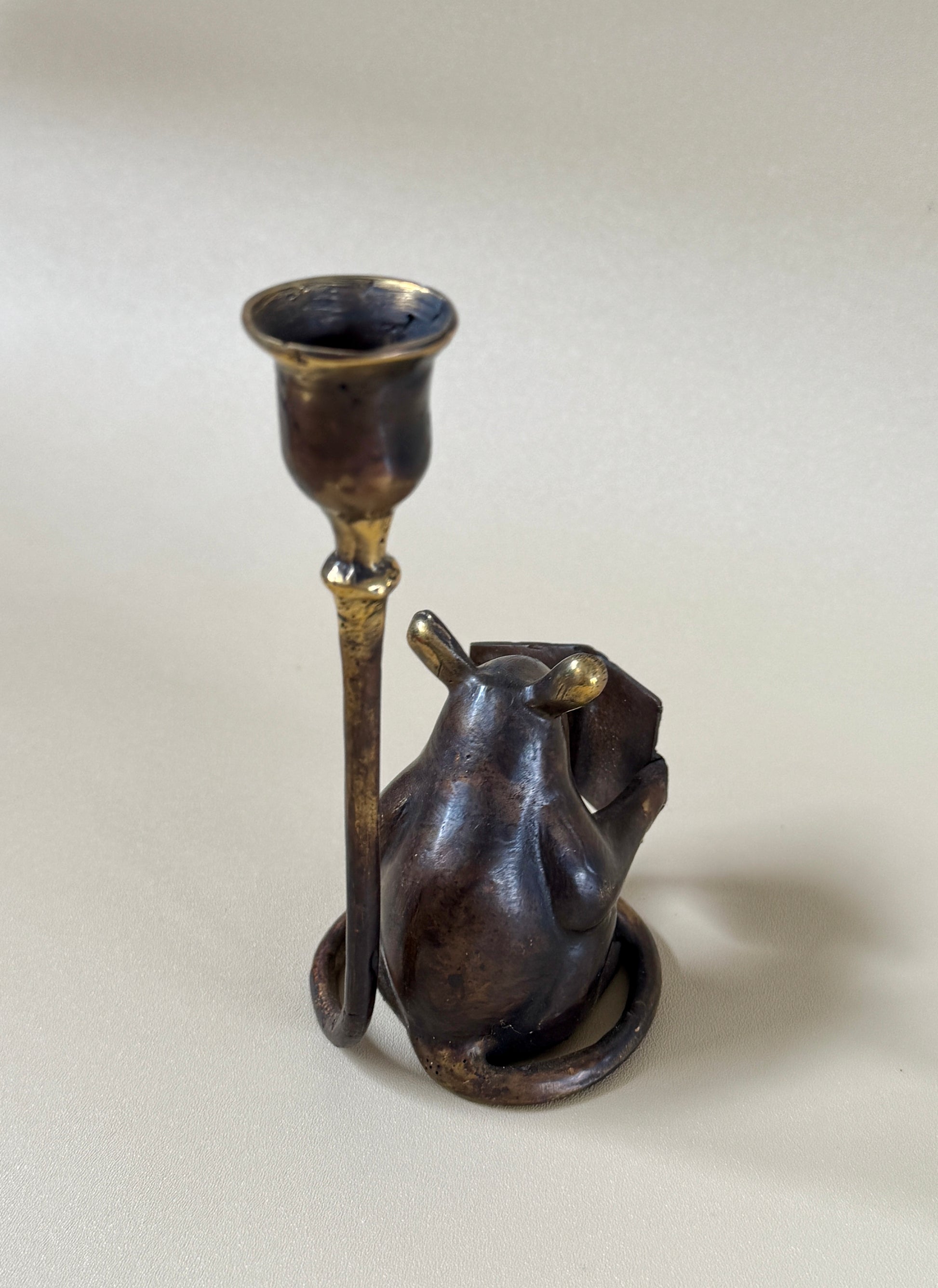 Antique Brass Mouse Candleholder, Vintage home gift