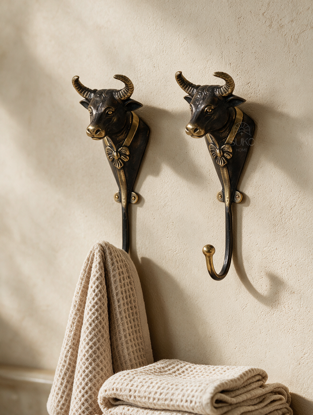 Handcrafted brass bull wall hook with detailed bull head