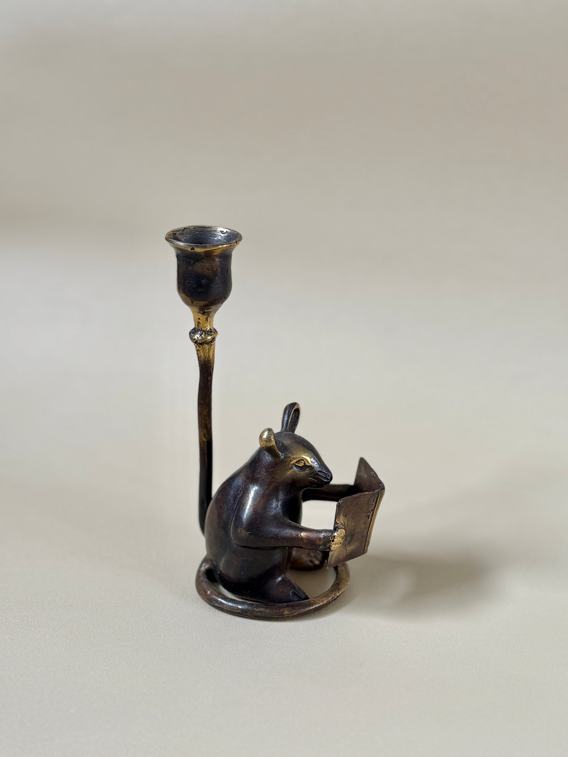 Antique Brass Mouse Candleholder, Vintage home gift