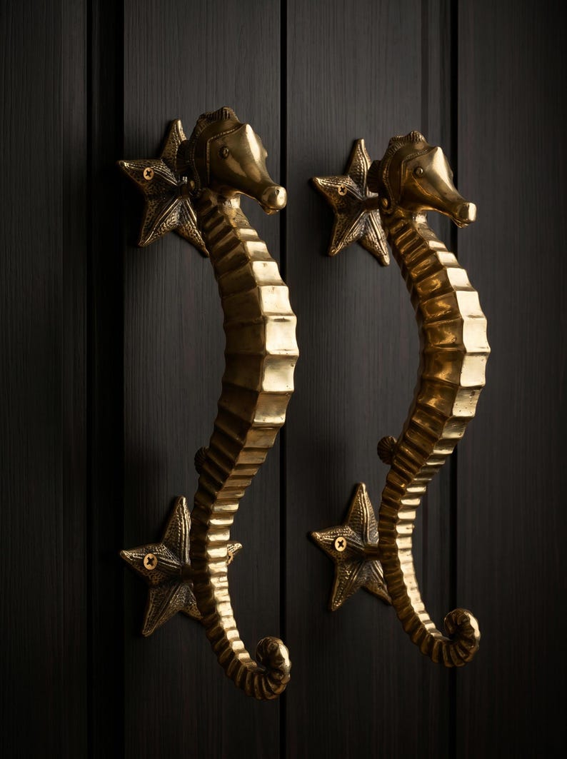 Vintage Brass Seahorse Door Handle "Poseidon’s Grip"