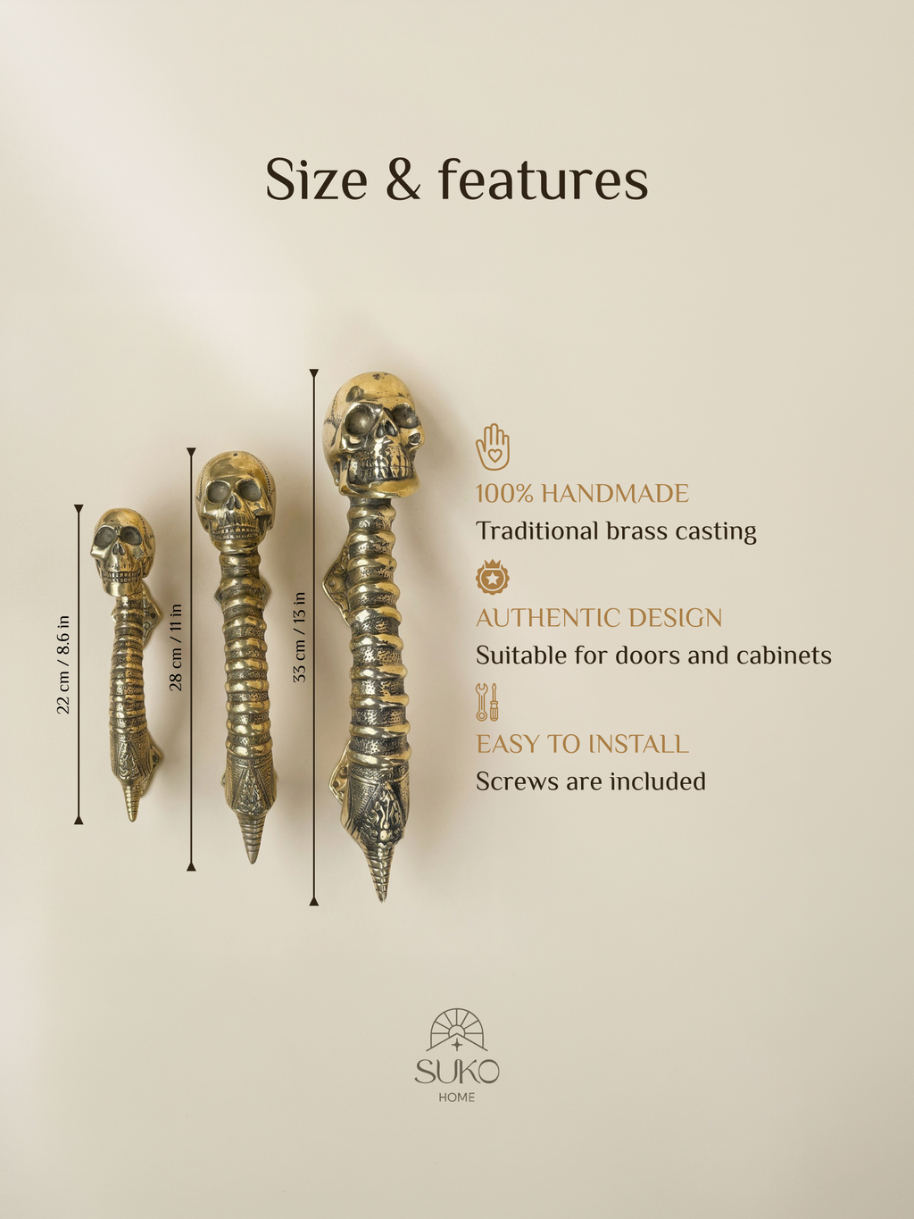 Gothic Brass Skull Door Handle "Spine & Cranium"