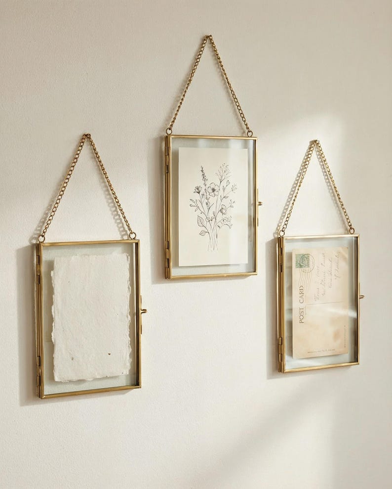Vintage Glass & Brass Hanging Frames Set