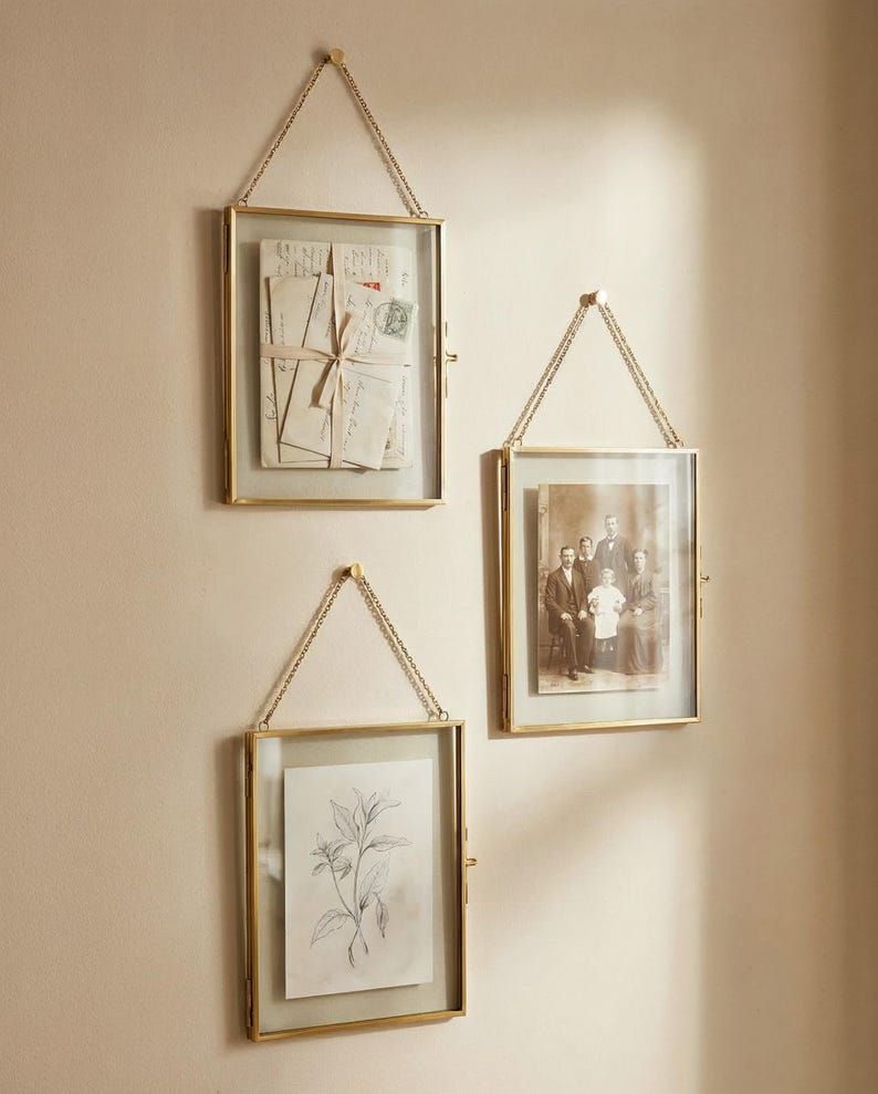 Vintage Glass & Brass Hanging Frames Set