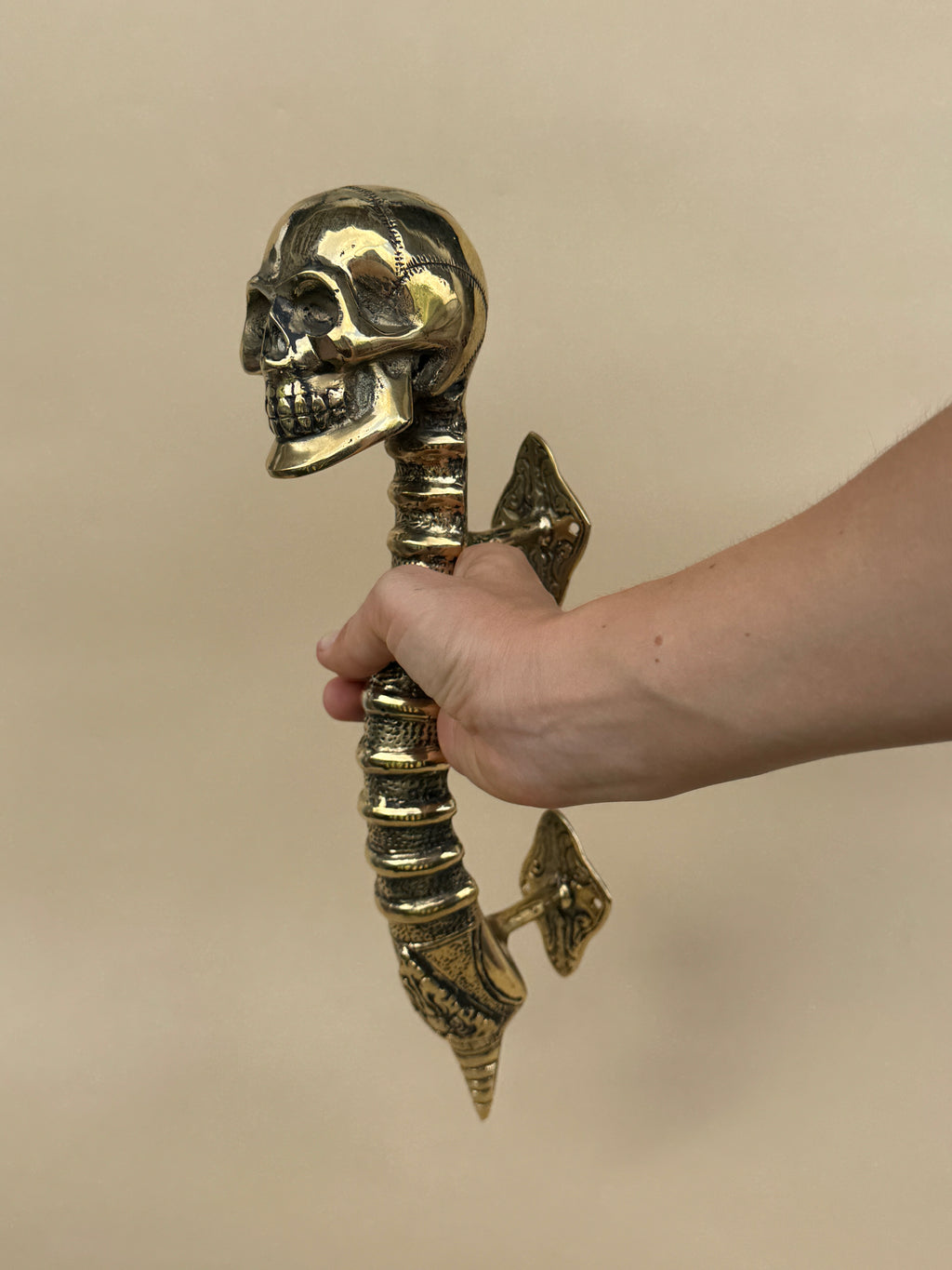 Gothic Brass Skull Door Handle "Spine & Cranium"