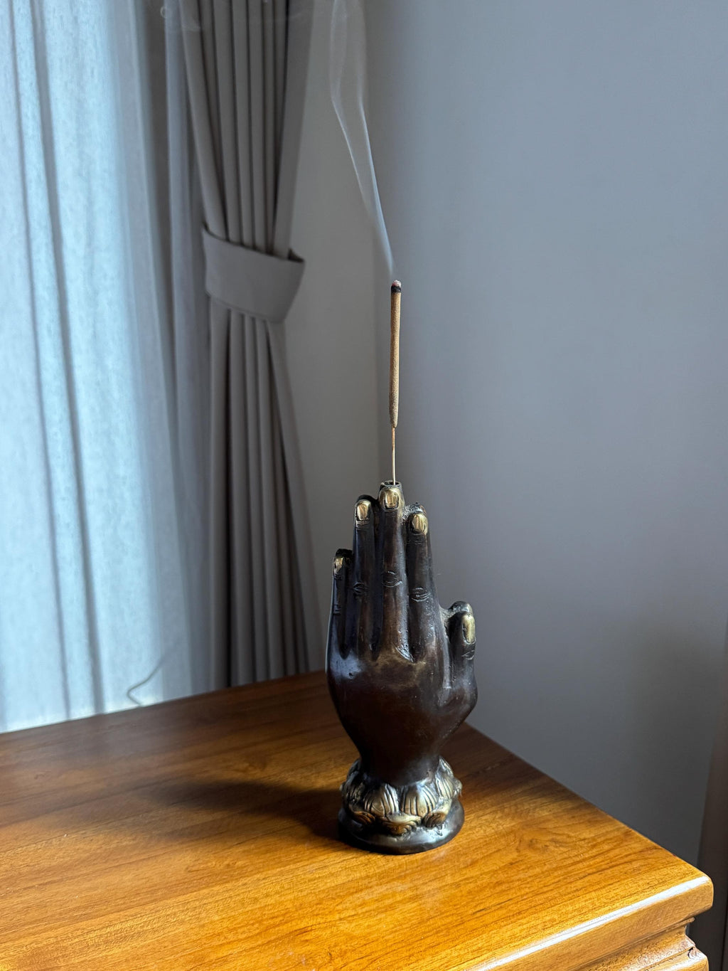 Black Brass Hand Incense Holder with Lotus Base