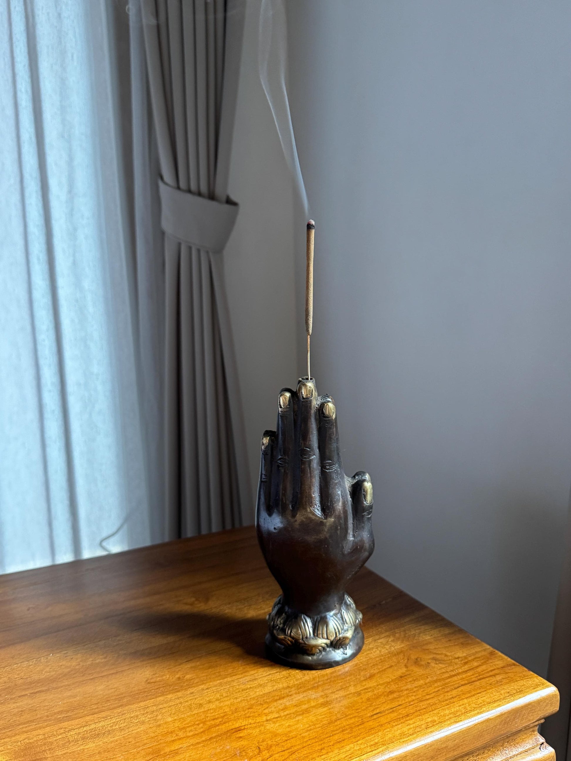 Black Brass Hand Incense Holder with Lotus Base