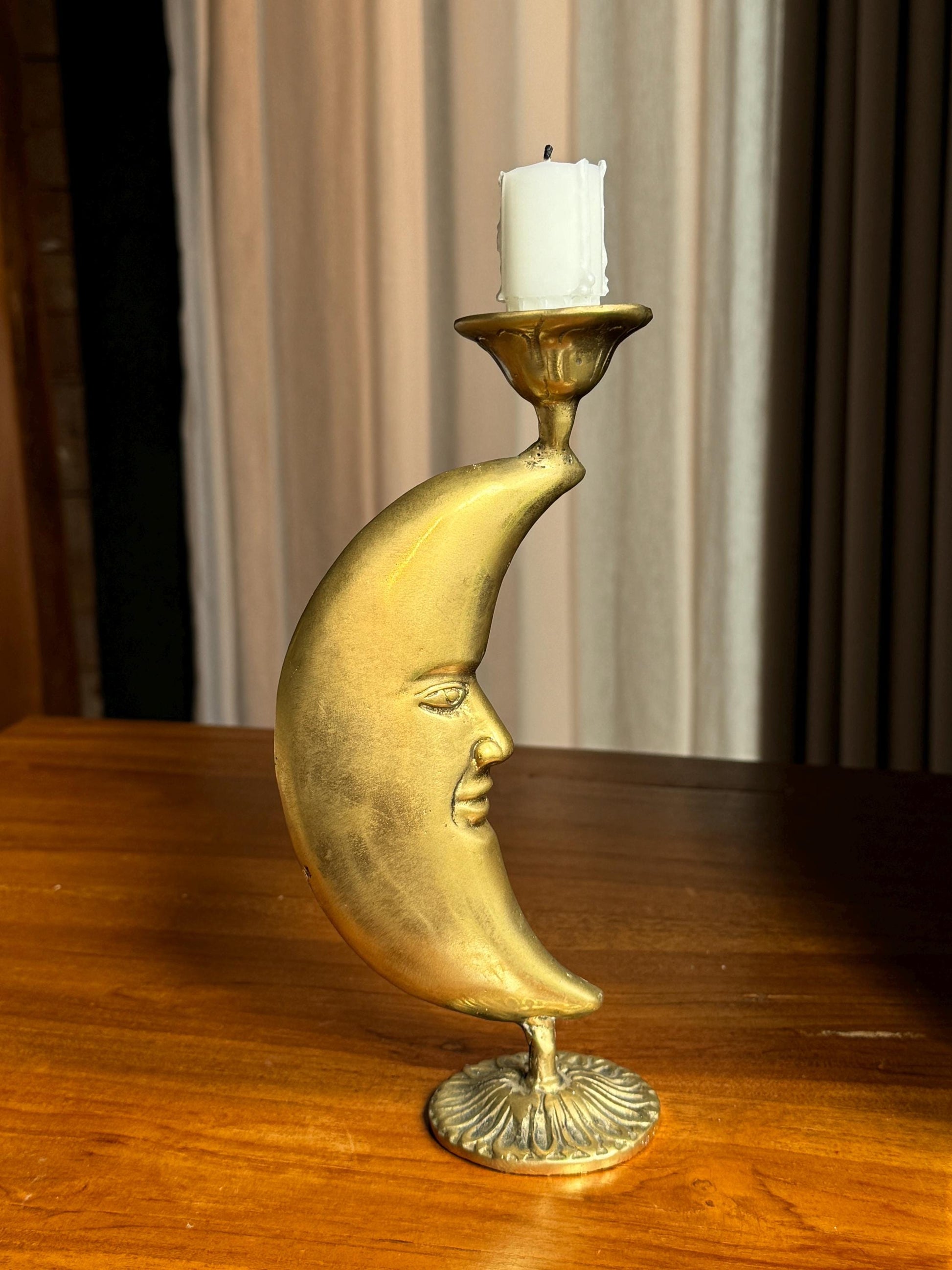 Brass Crescent Moon Candleholder | Celestial Vintage Decor