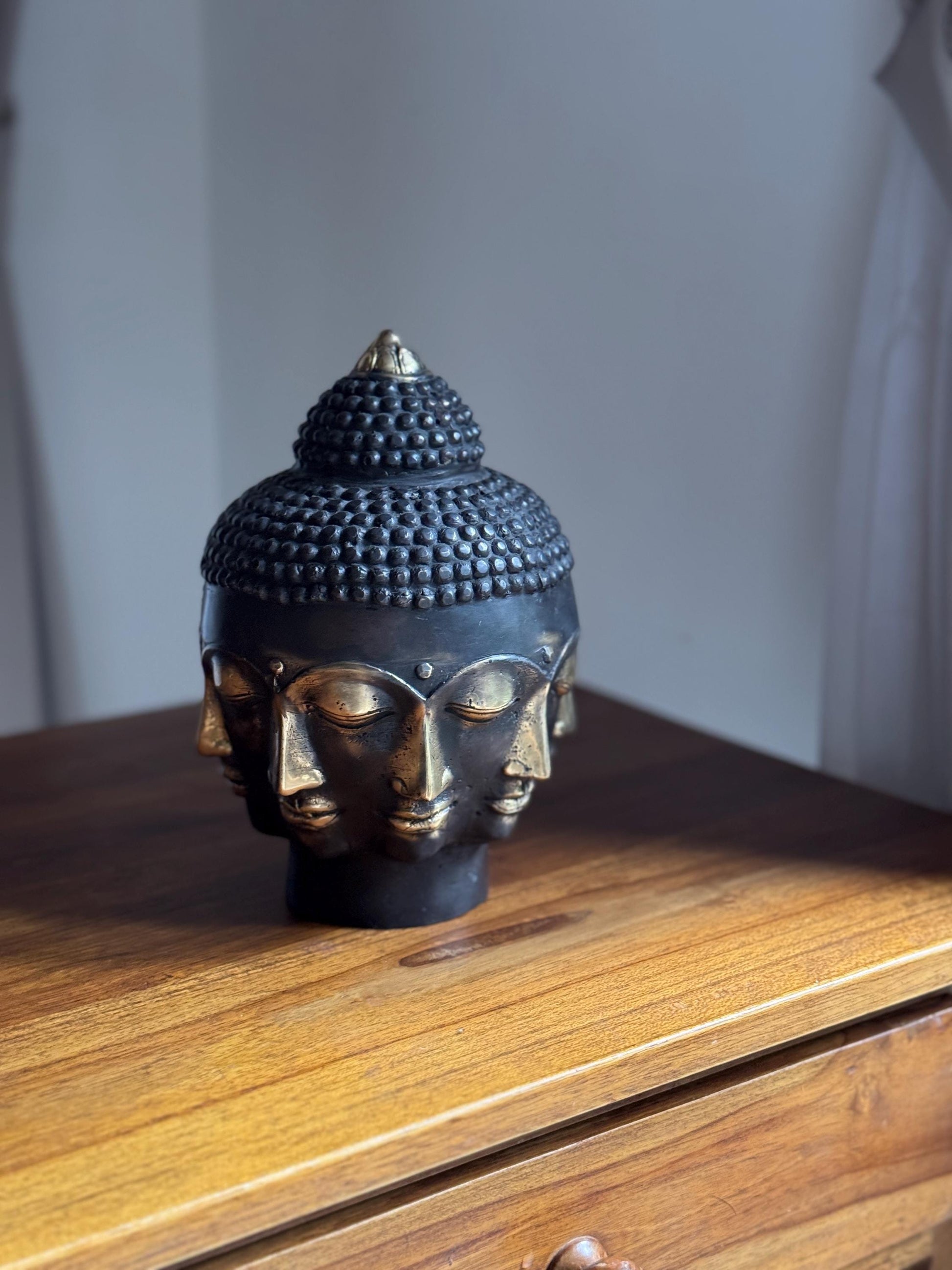 Large Antique Bronze Buddha Head Statue with Multiple Faces