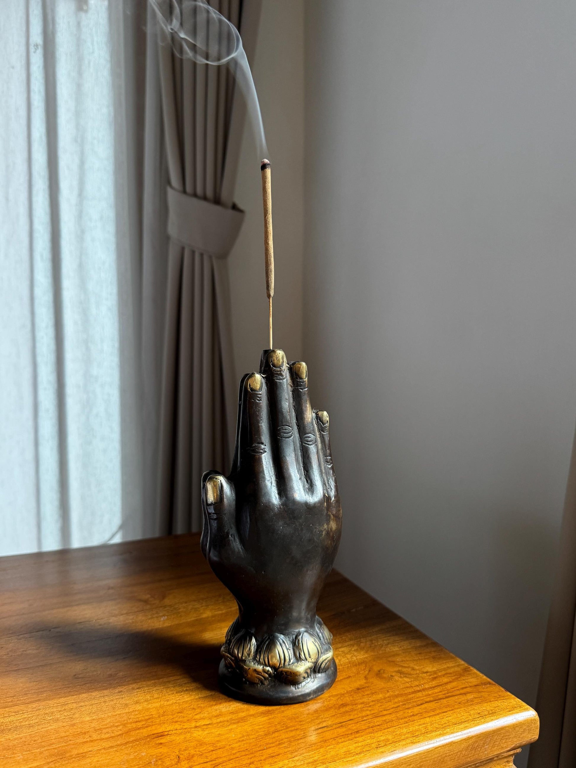 Black Brass Hand Incense Holder with Lotus Base