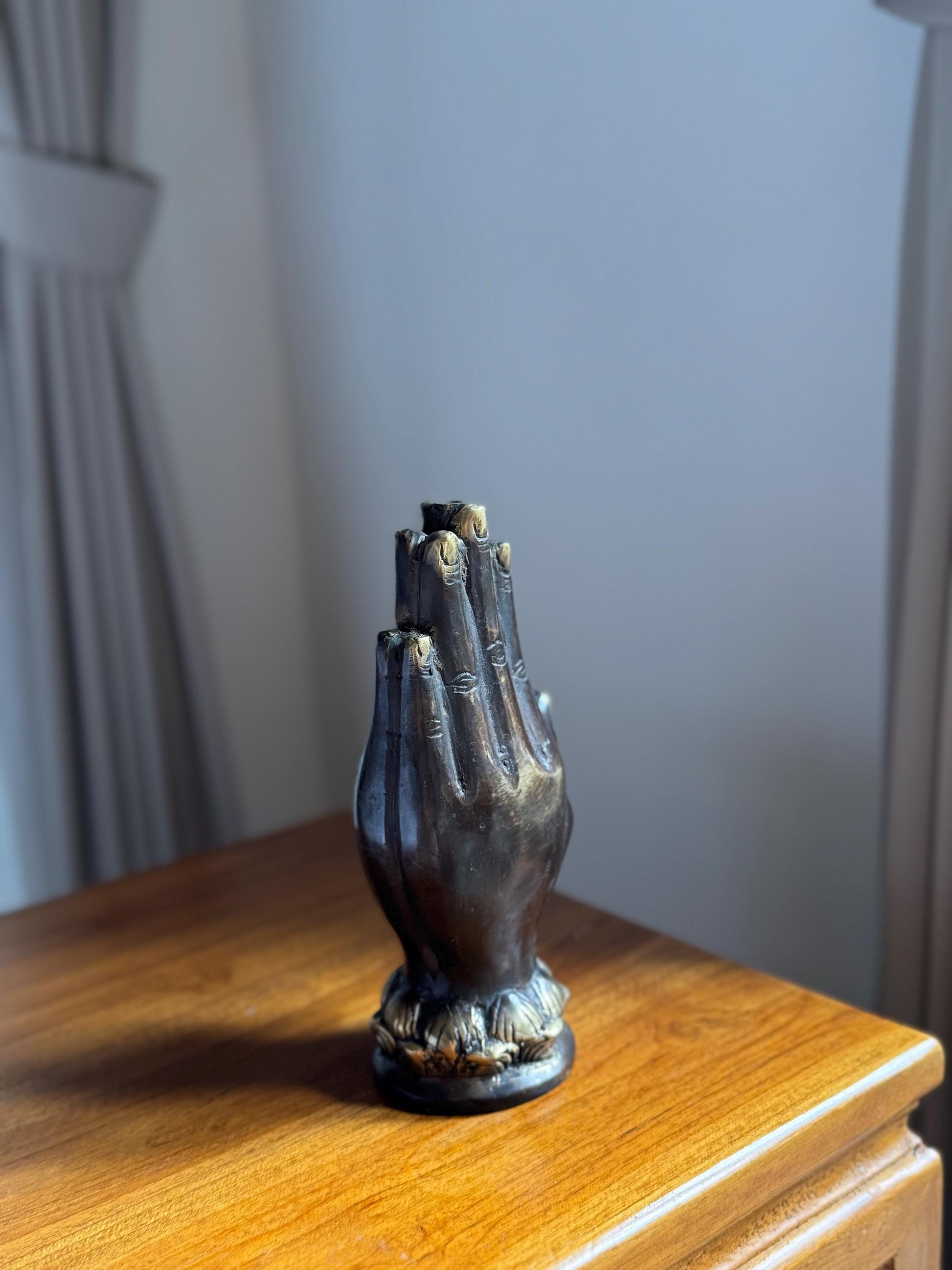 Black Brass Hand Incense Holder with Lotus Base