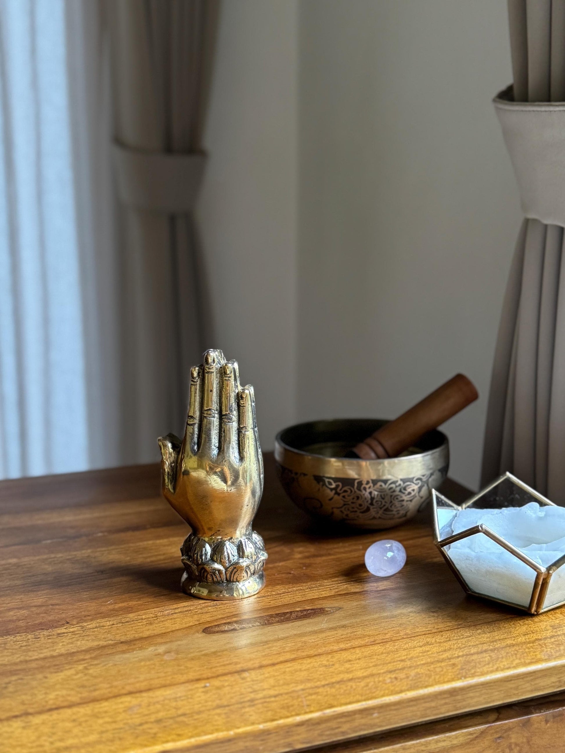 Gold Brass Hand Incense Holder with Lotus Base