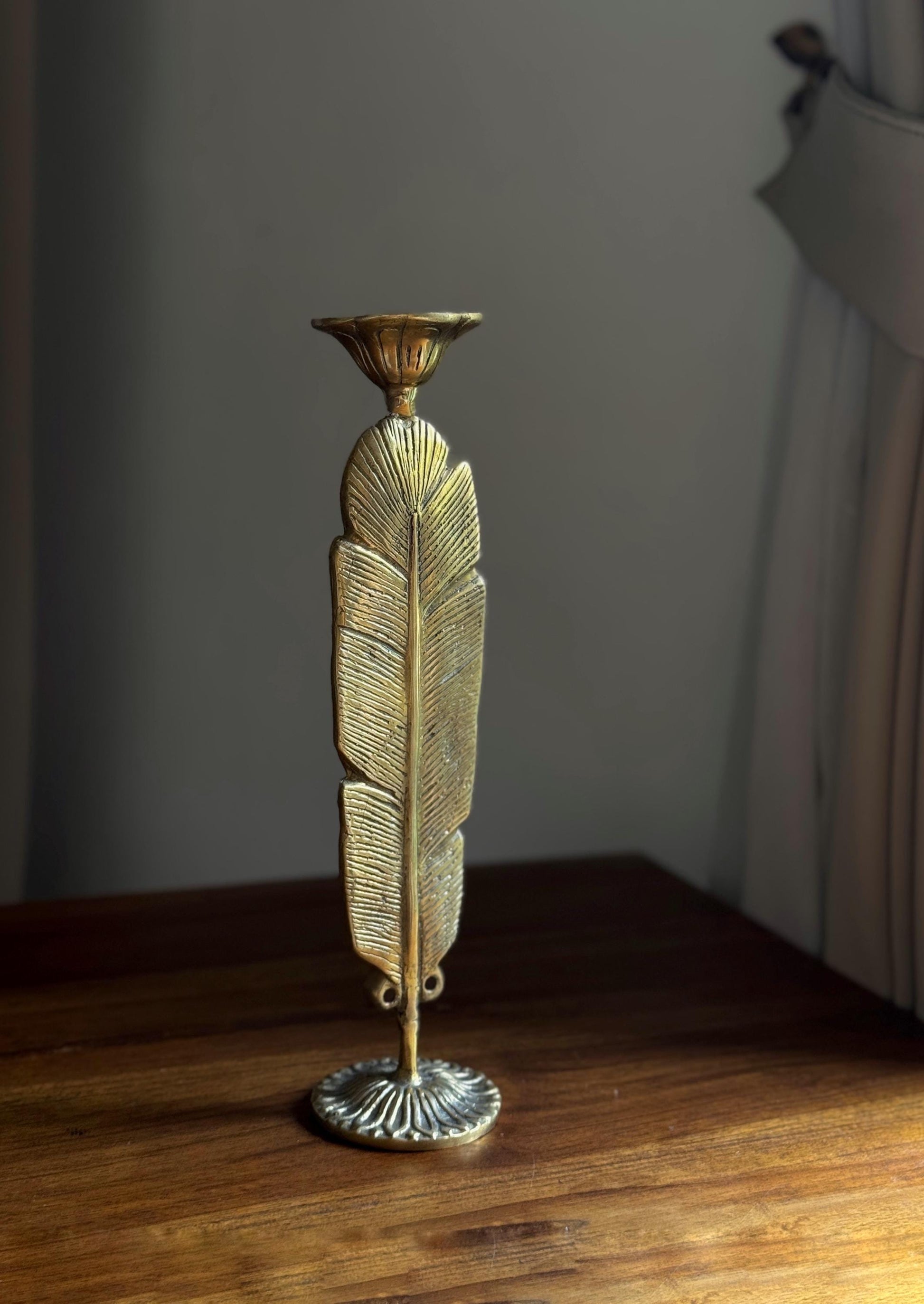Elegant Brass Feather Candleholder