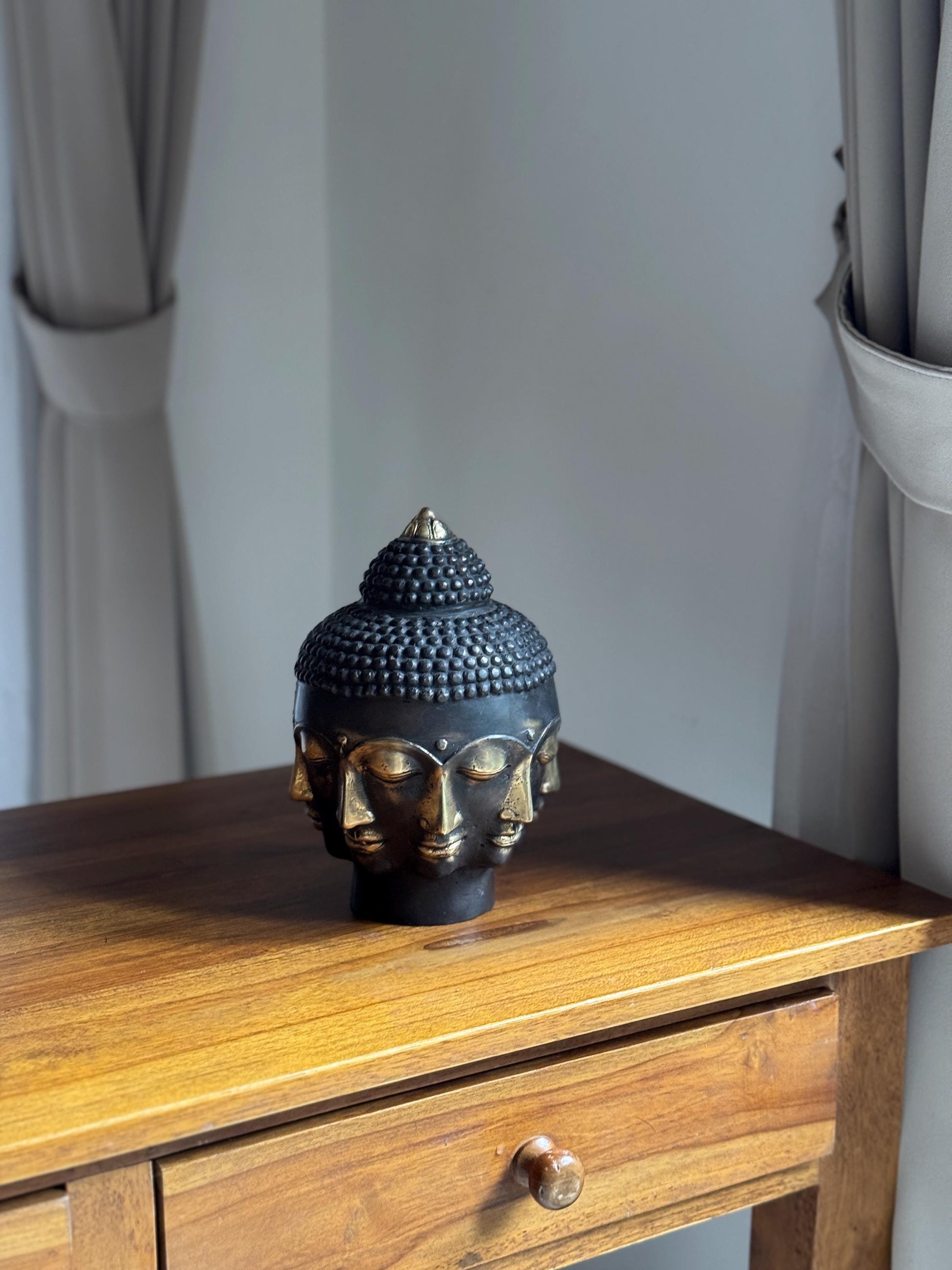 Large Antique Bronze Buddha Head Statue with Multiple Faces