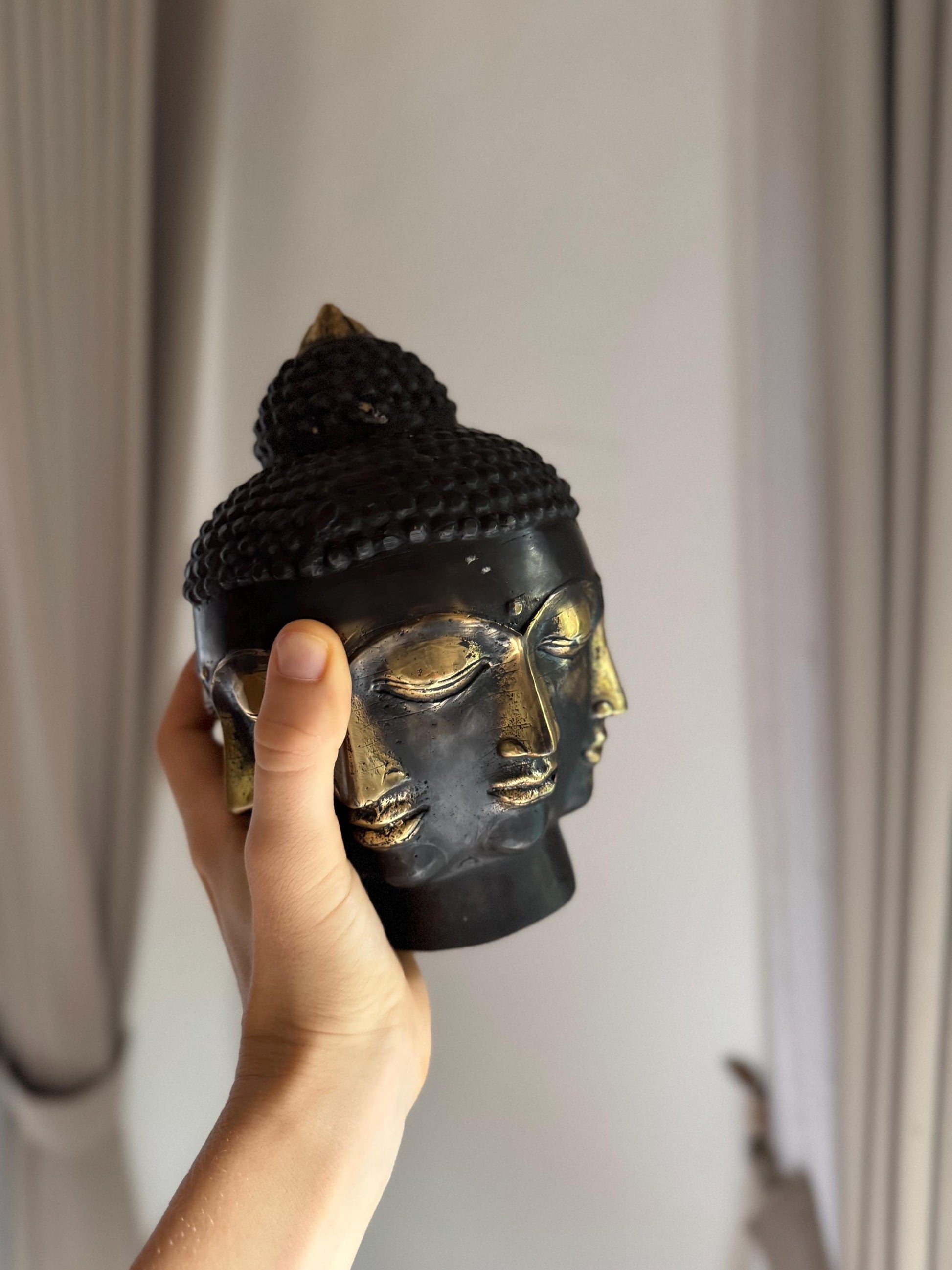 Large Antique Bronze Buddha Head Statue with Multiple Faces