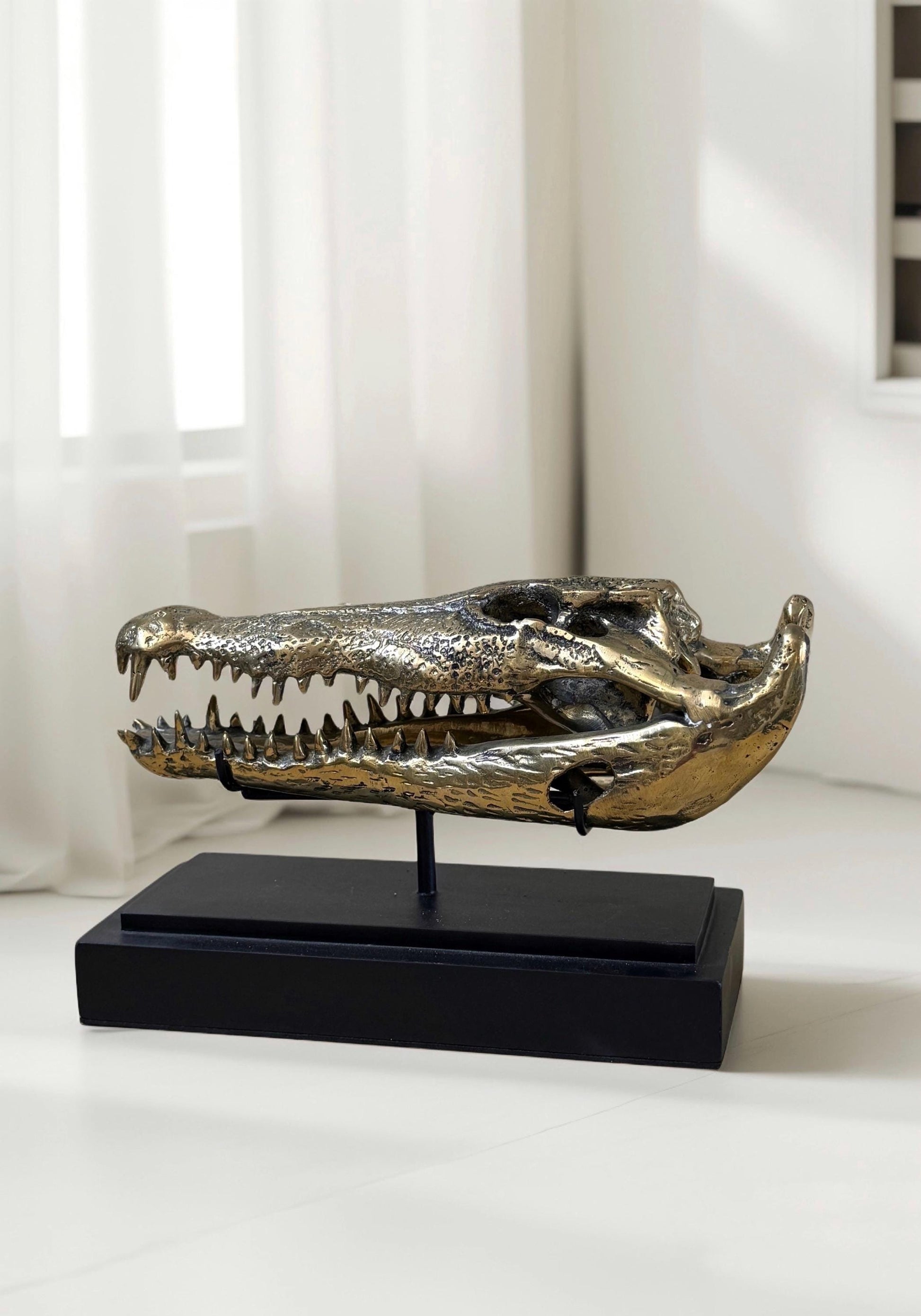 Gold Crocodile Skull Statue on Stand