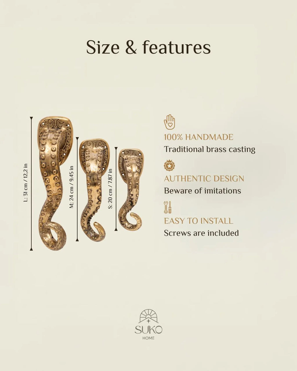 Brass octopus tentacle door pull with textured detailing and organic curves