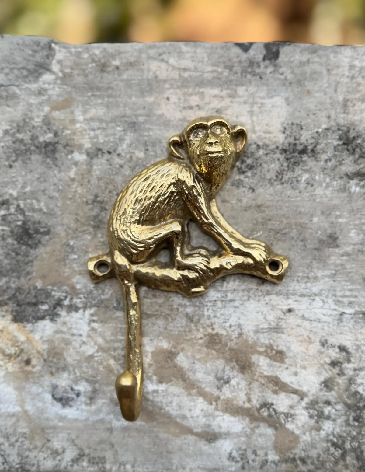 Front view of the brass monkey wall hook on a grey stone background