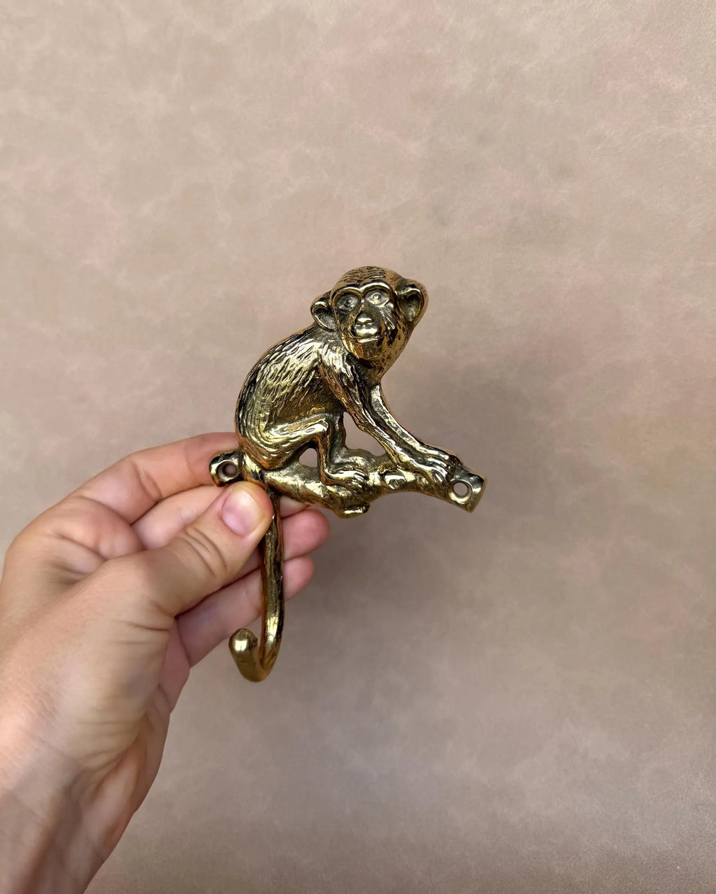 Side view of the brass monkey hook held in the fingers, showing the curved hook