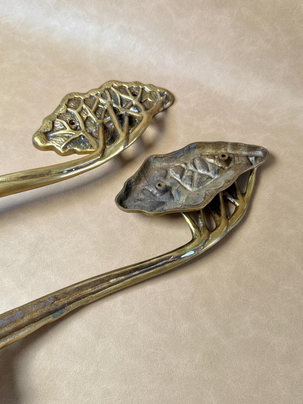 Close-up of two brass tree handles with the leaf plate of one facing up and the other showing its back