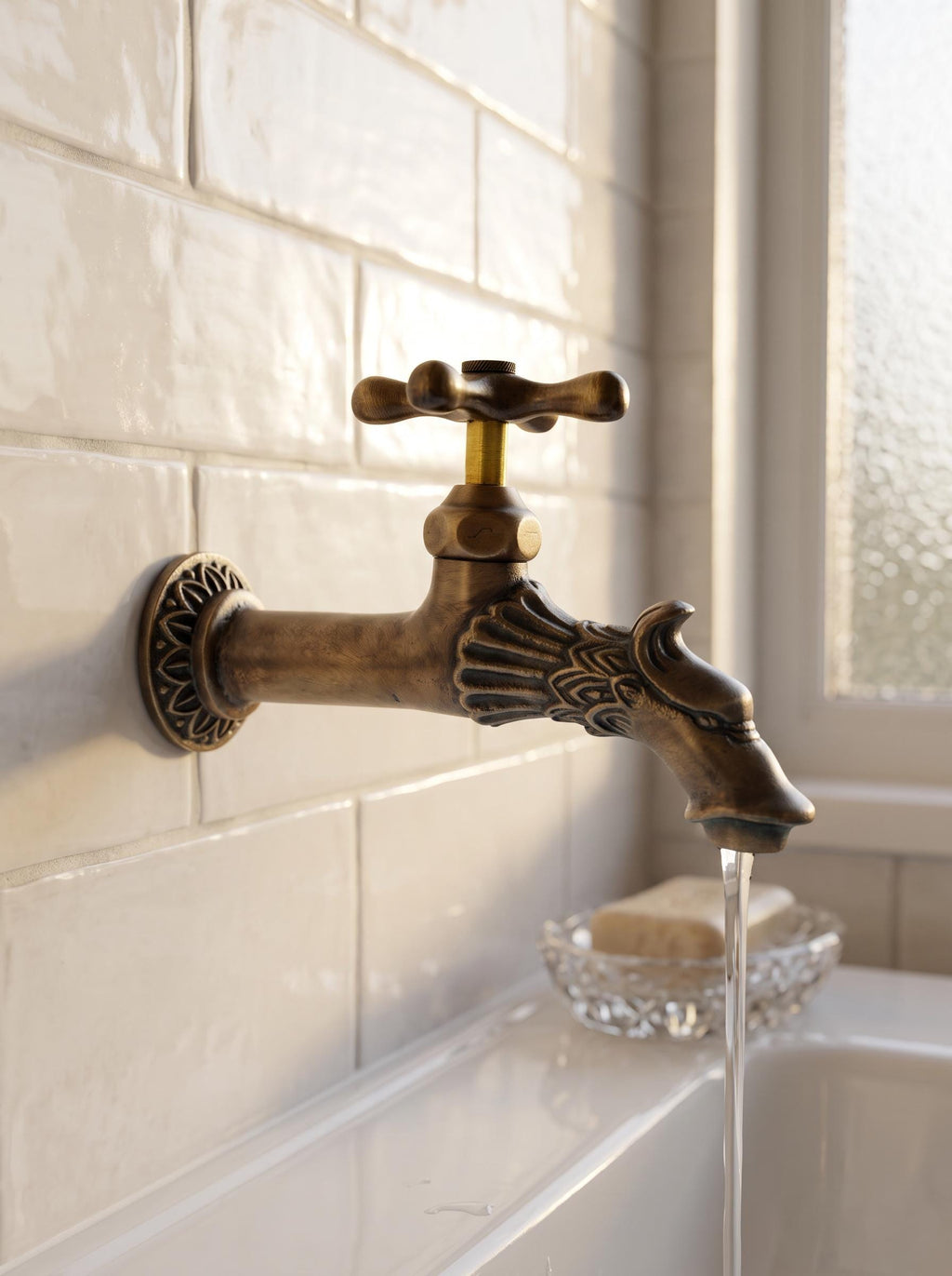 Antique brass dragon faucet with a cross handle on a white tiled wall, water flowing from the dragon's mouth