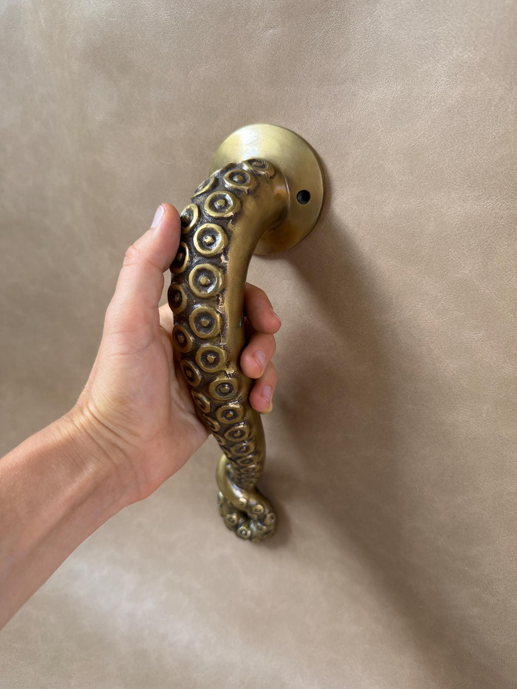 Hand holding the brass octopus tentacle handle with the round mounting plate at the top