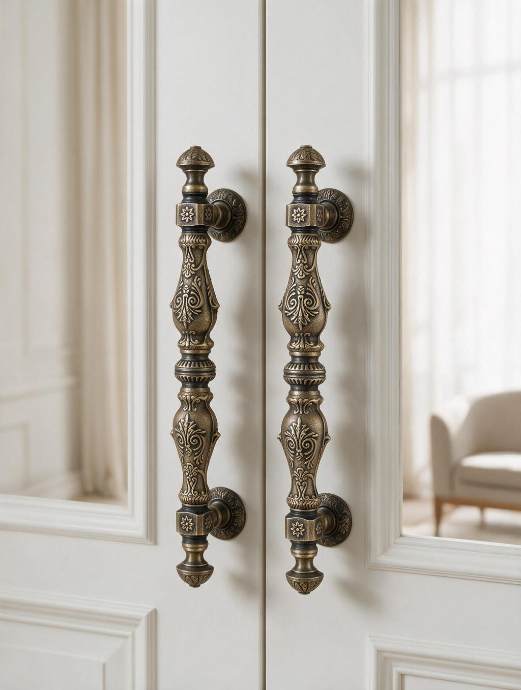 Ornate vintage brass door pull, 42 cm, with an antique finish