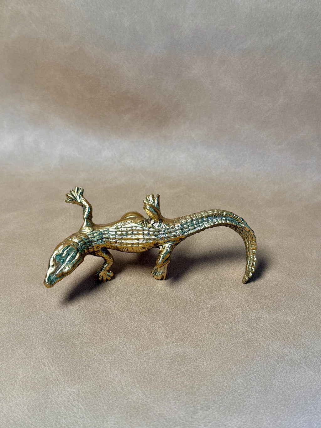 Gold brass gecko cabinet knob lying on a beige fabric background