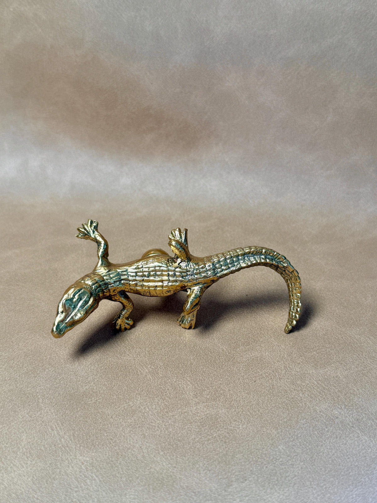 Gold brass gecko cabinet knob lying on a beige fabric background