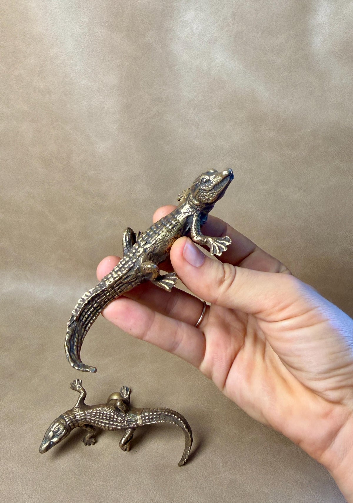 Hand holding a brass gecko knob in an antique finish, side view with a second knob below
