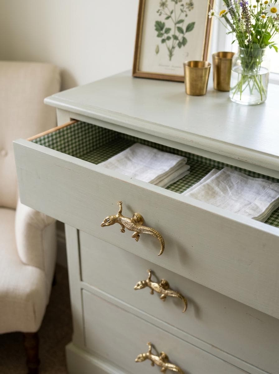 Brass gecko cabinet knobs on a pale green dresser drawer, with a vase of wildflowers beside it