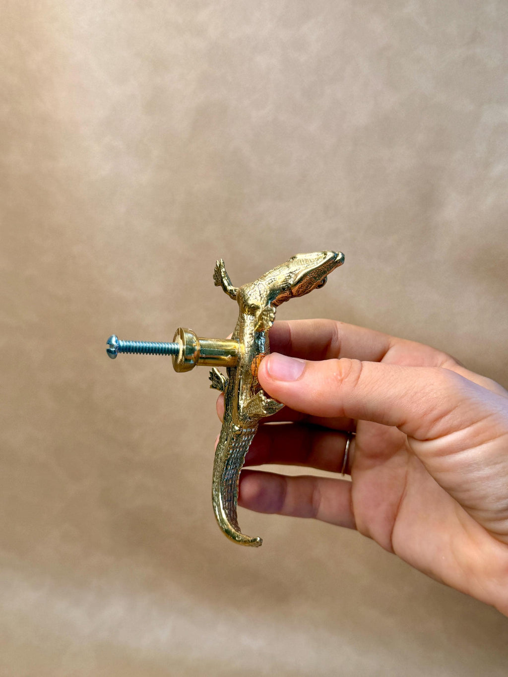 Gold brass gecko knob with a mounting screw, held in a hand and seen from the side