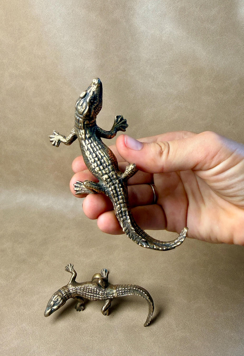 Hand holding an antique-finish brass gecko knob, with a second knob lying below