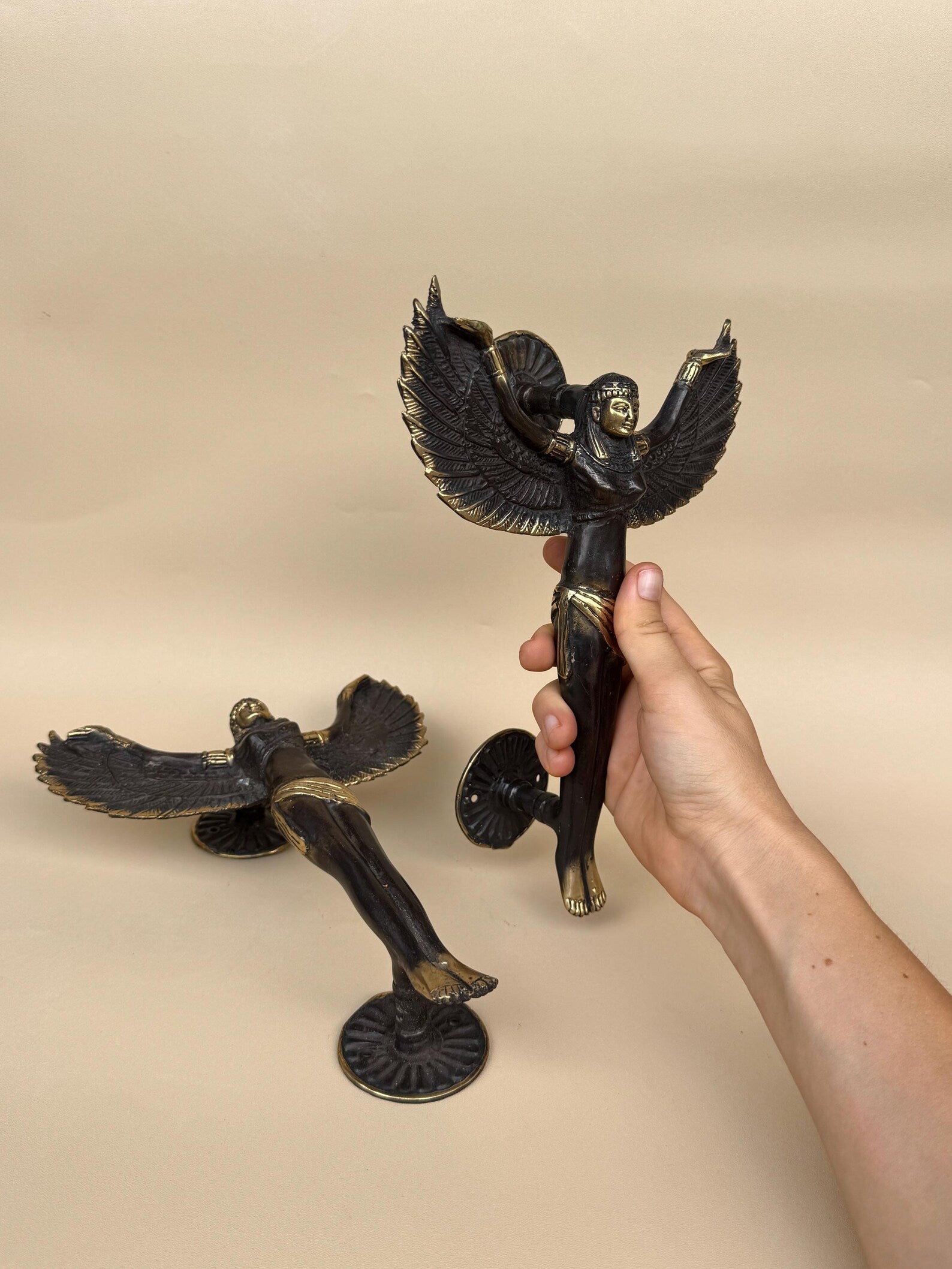 Vintage Brass Winged Angel Door Handle Set "Seraphim"