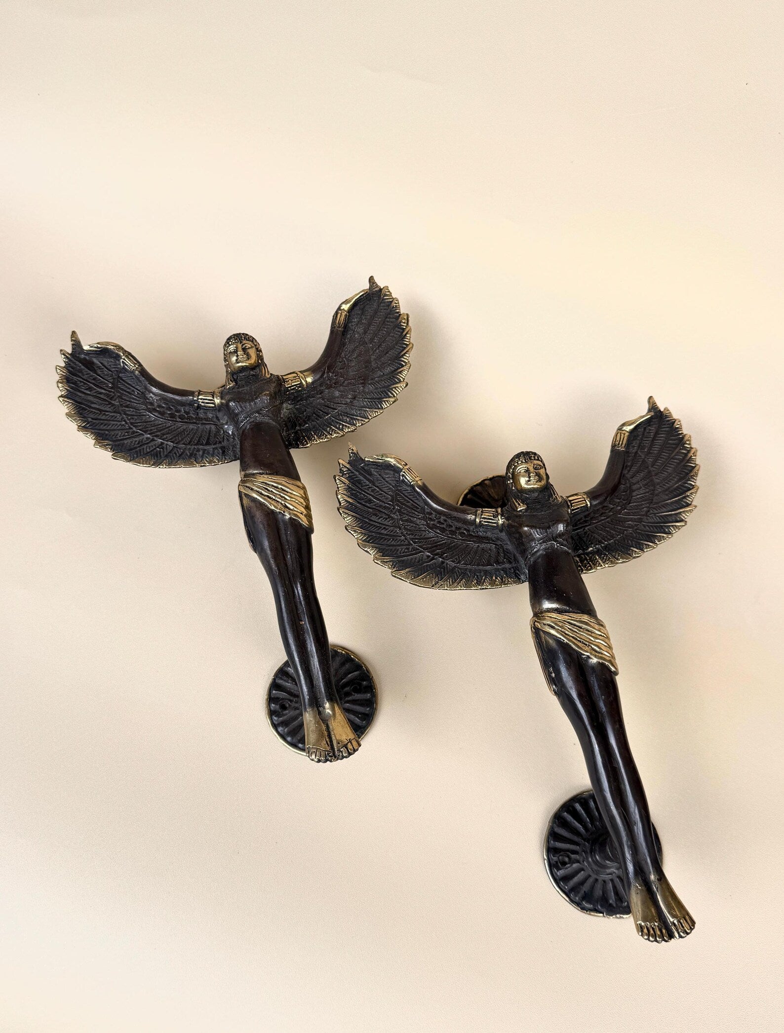 Vintage Brass Winged Angel Door Handle Set "Seraphim"