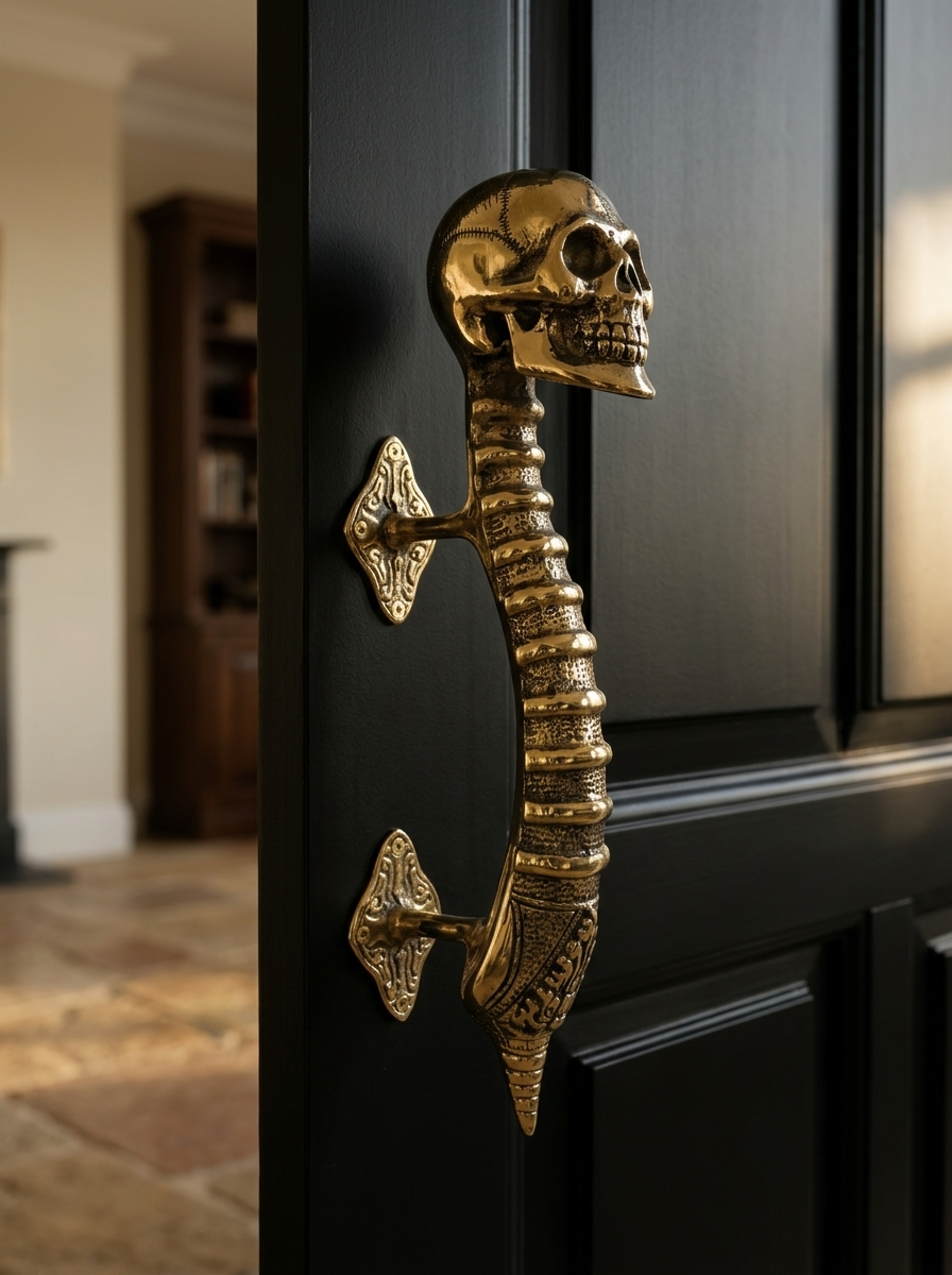 Gothic Brass Skull Door Handle "Spine & Cranium"