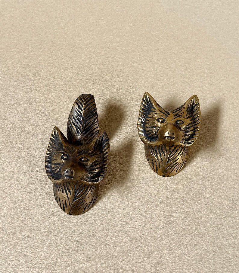 Vintage Brass Fox Cabinet Knobs Set "Forest Duo"