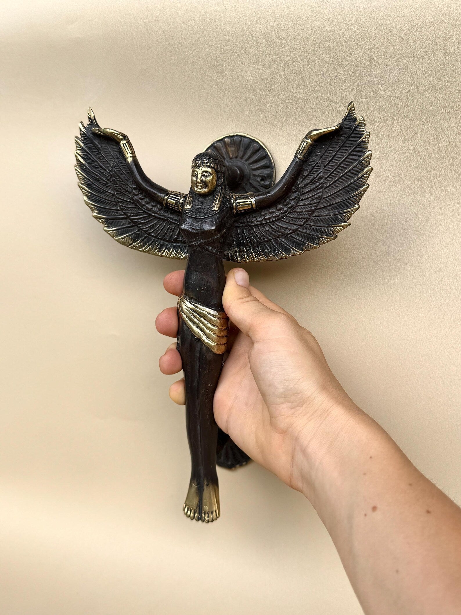 Vintage Brass Winged Angel Door Handle Set "Seraphim"